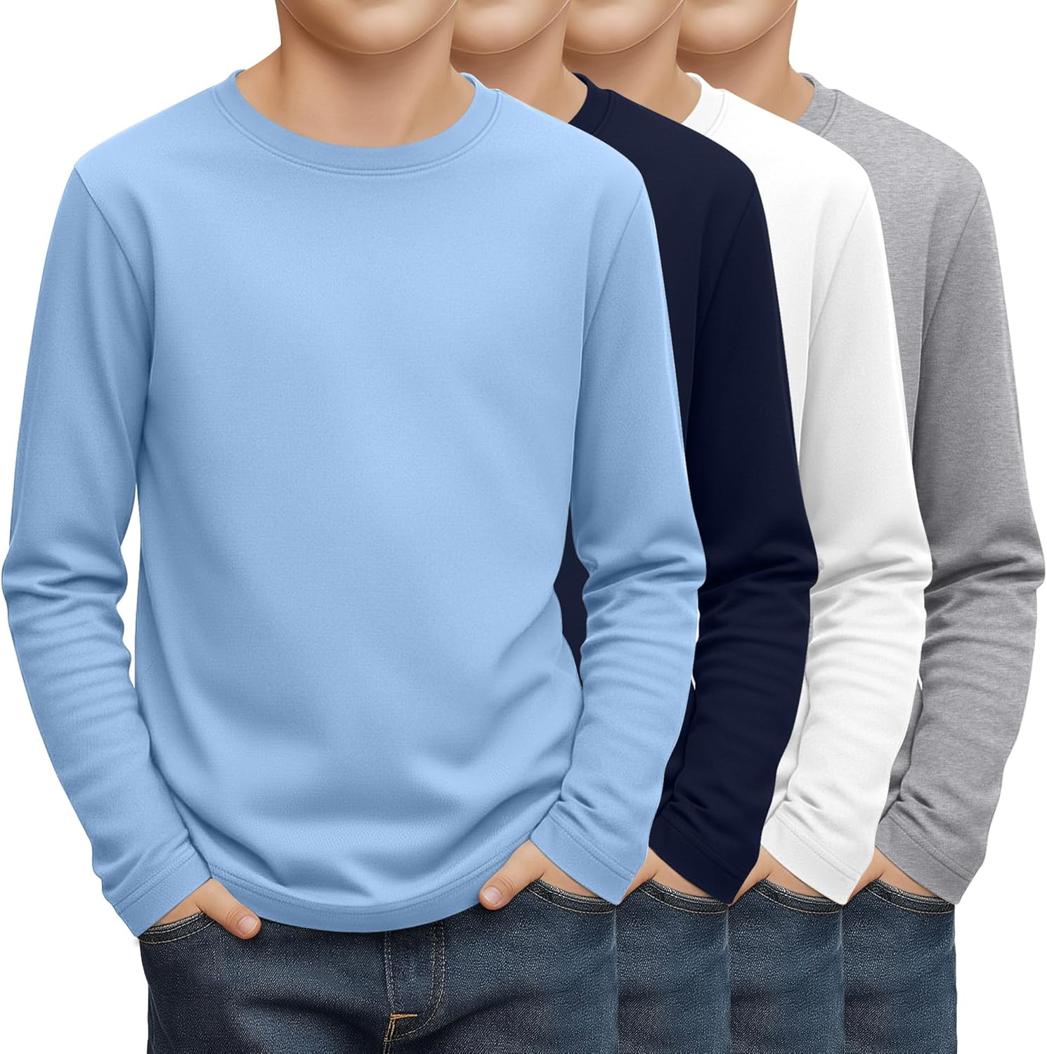 4 Pack Boy's Long Sleeve Shirts, Crew Neck Soft Tops Toddler Kids Basic Tees 3T-16 Years