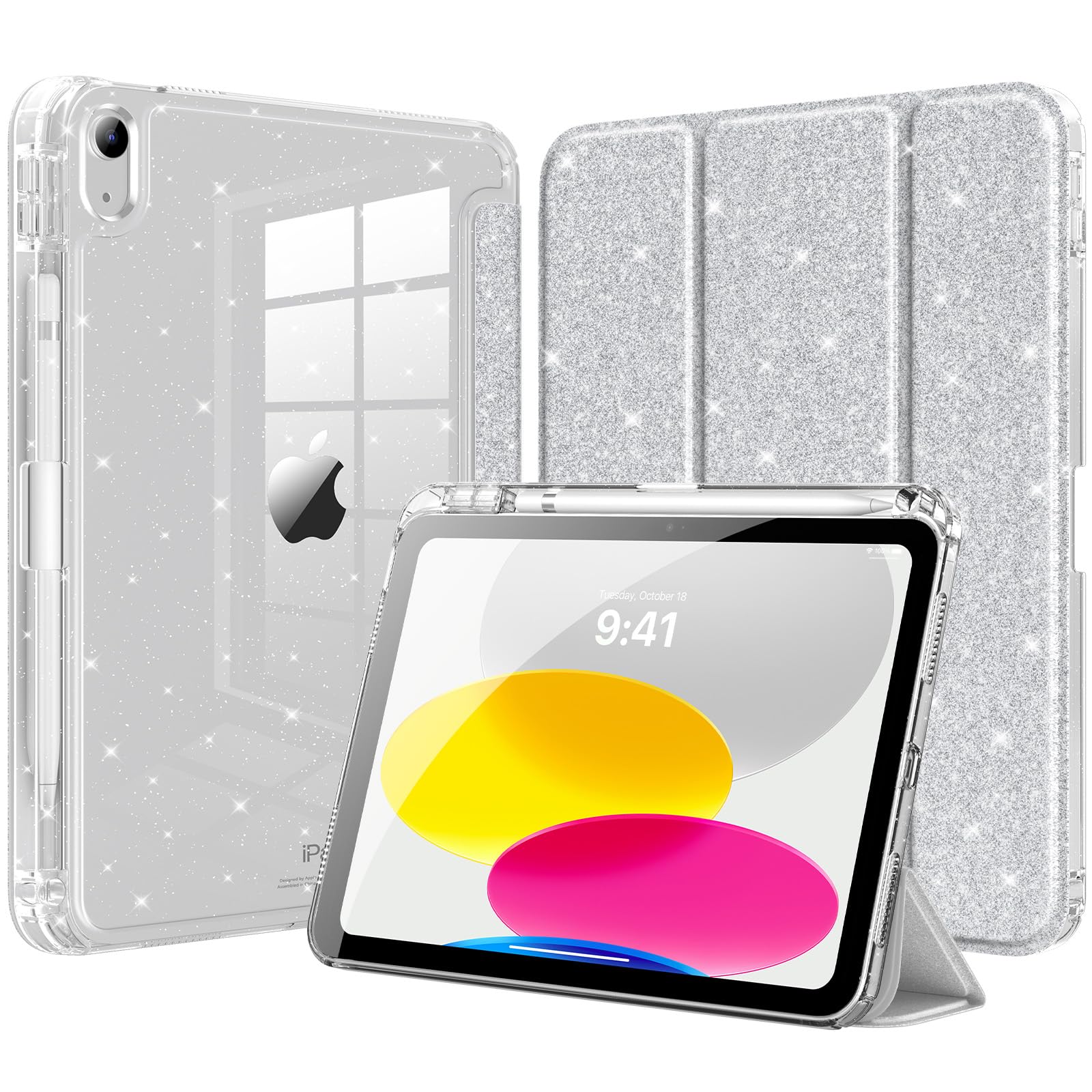 MoKo Slim Case for iPad (A16) 11th Generation 11 Inch 2025, iPad 10th Generation 2022 10.9 Inch, Glitter Smart Soft Cover with Pencil Holder, Sparkly