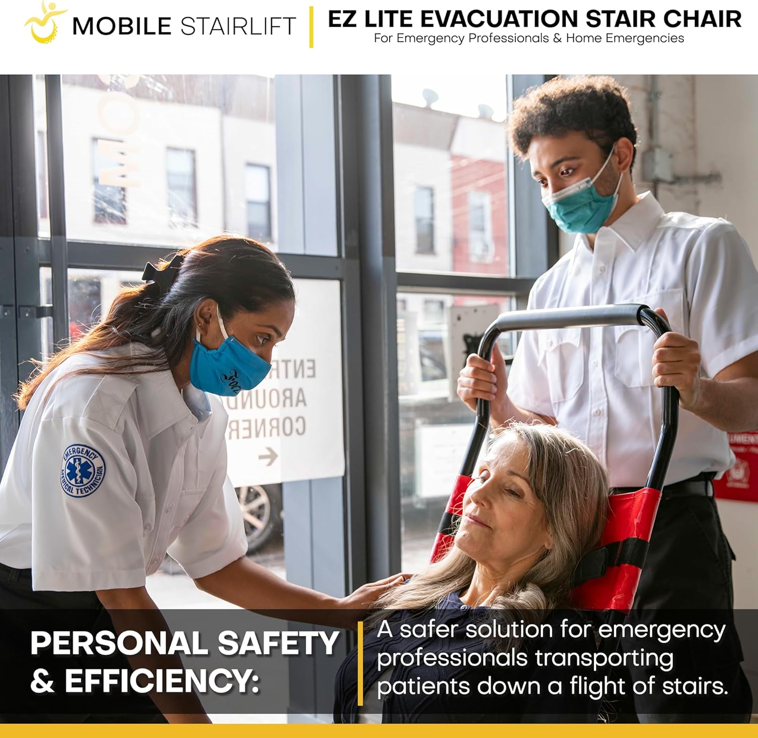 Patient being transported down stairs in the EZ LITE Evacuation Stair Chair