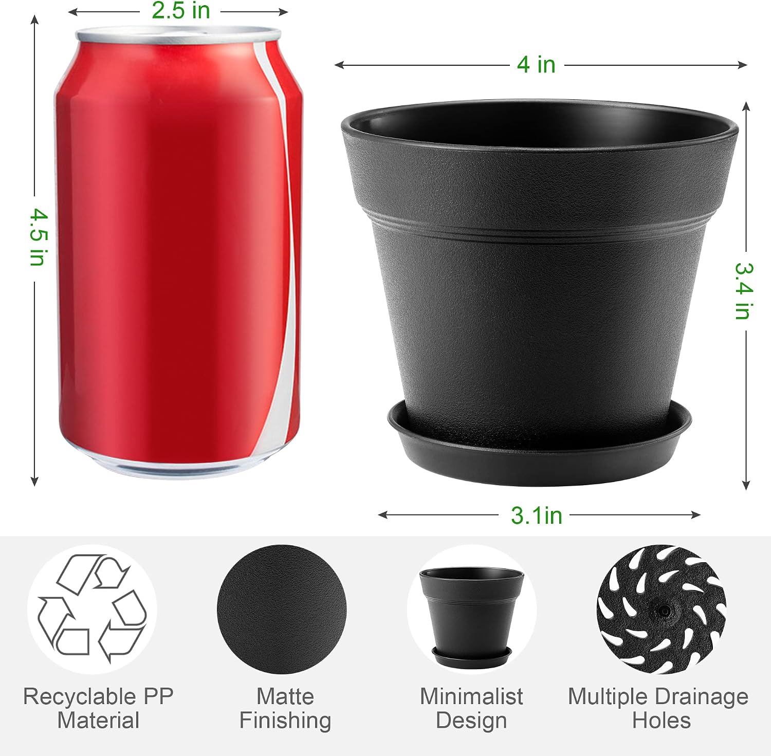 4 inch 16 Pack Plastic Plant Pots with Drainage Holes and Tray, Black image 2