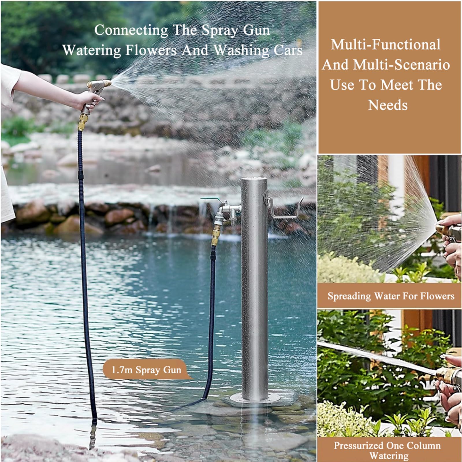 Fontana da Giardino Esterno con Struttura a Colonna con Staffa per Appendere Il Tubo e Doppio Rubinetto, Fontanella a Colonna In Acciaio Inox 86cm