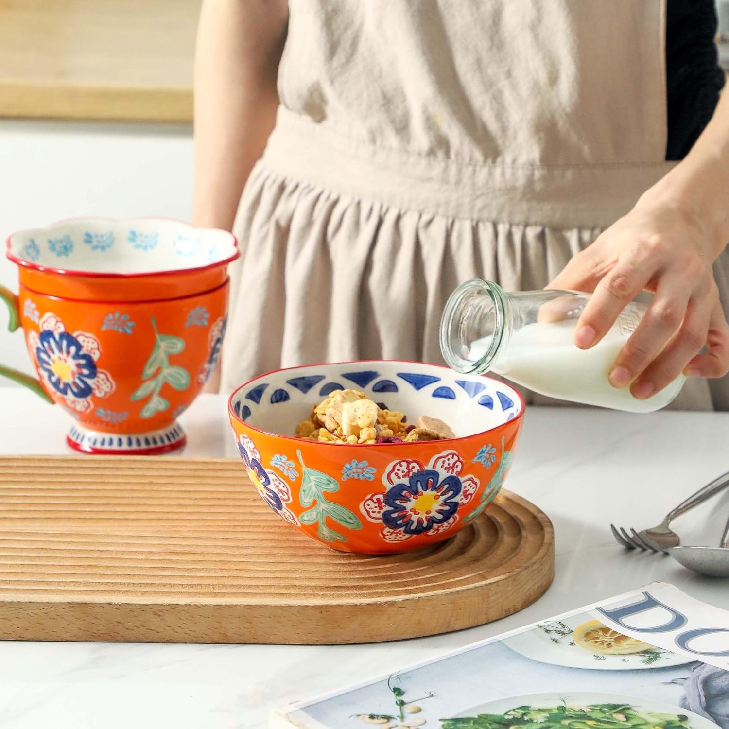 UniqueLife Hand-Painted 6" Cereal Bowls Set of 4, 17/24 Oz Ceramic Soup Bowls, Assorted Designs, Microwave Dishwasher Oven Safe, Organic Shape for Oatmeal, Salad, Rice & Ramen – Warm Orange