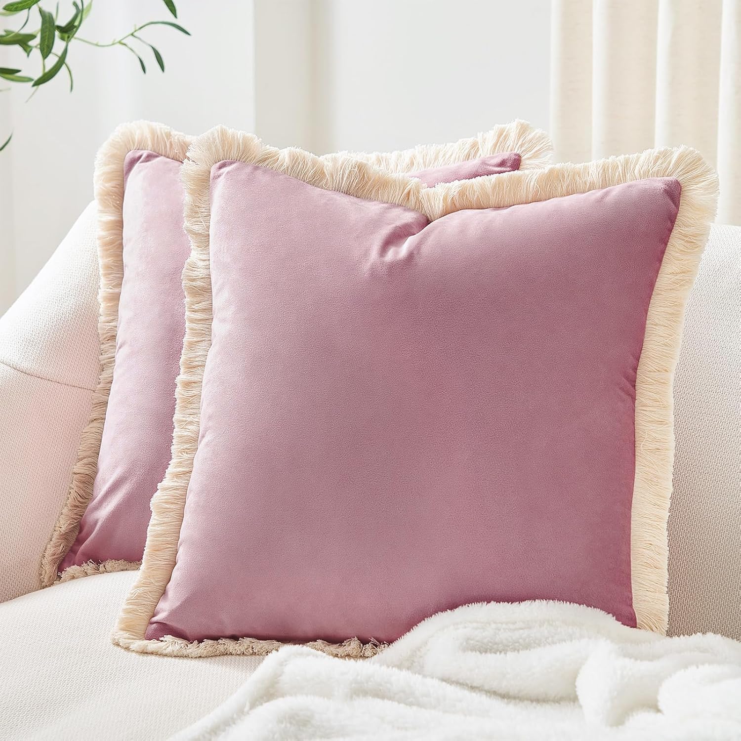 aeTHEric Decorative Throw Pillow Covers Cushion Cases, Set of 2 Soft Velvet Modern Fringe Tassel Designs, Mix and Match for Home Decor, Pillow Inserts Not Included (Dusty Pink, 12x12 inch)-image-22