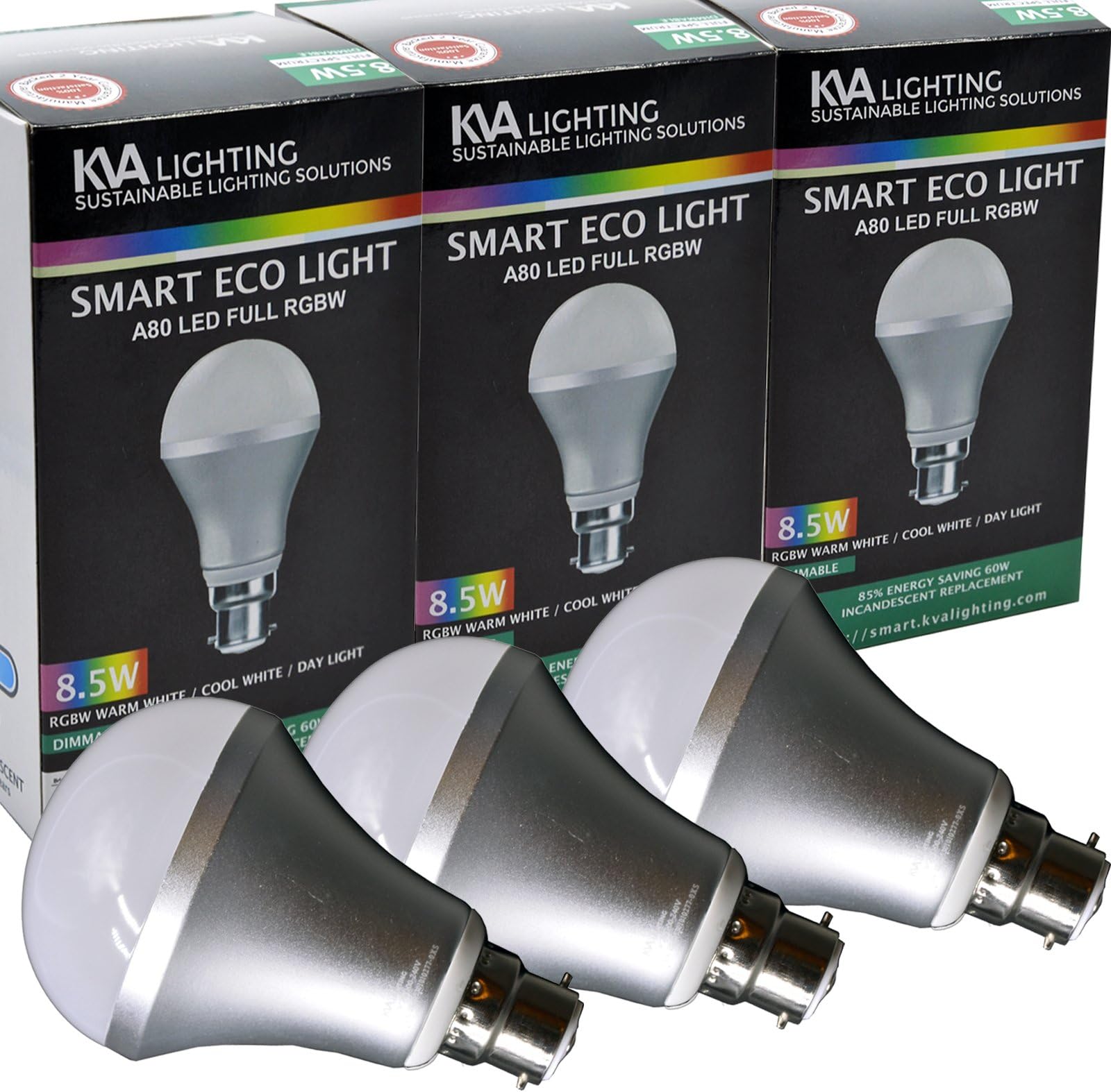 KVA LIGHTING Smart Light LED Bulb, B22 A80, 8.55W to 60W, Bright 800 Lumens, Dimmable, RGBW, Requires Gateway, Pack of 3 [Energy Class A+]