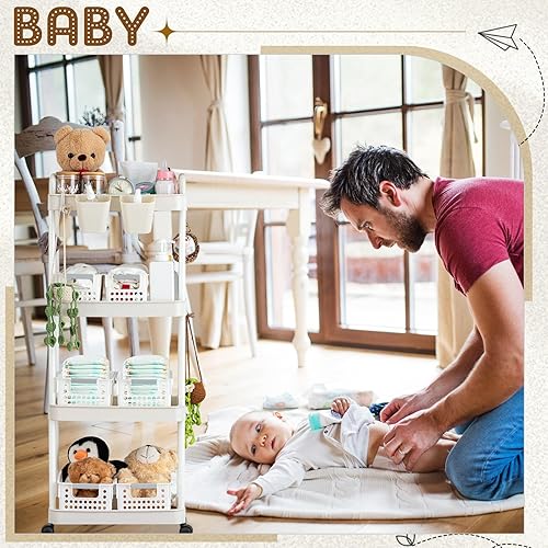Miniatura 6 de Layhit Organizador de pañales para bebé, 41.73 pulgadas, 4 niveles, de plástico blanco, móvil, con ruedas, carrito de guardería esencial para