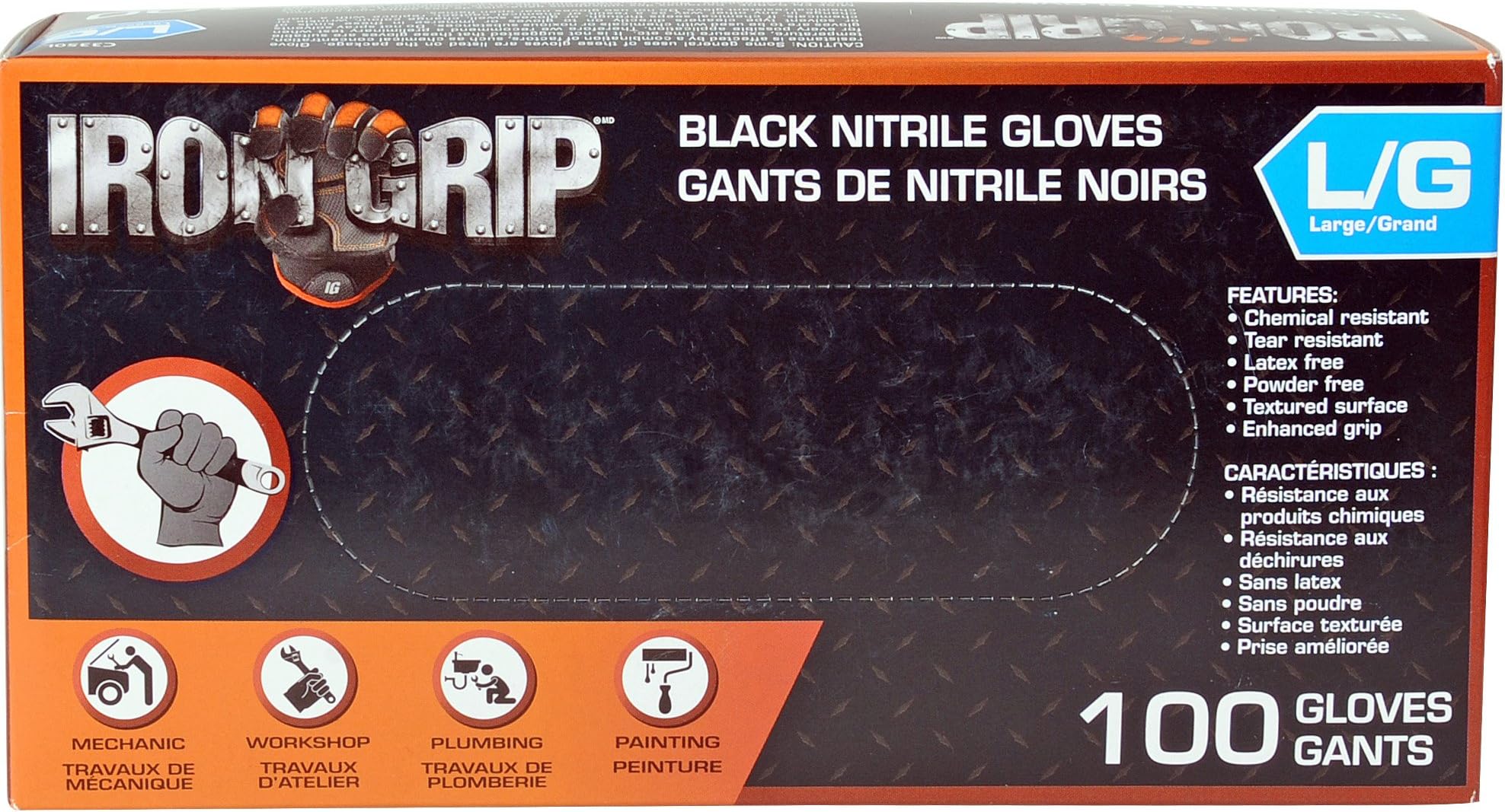 Iron Grip IS C3350L Iron Grip Powder-Free Black Disposable Nitrile Gloves, 100ct, Large