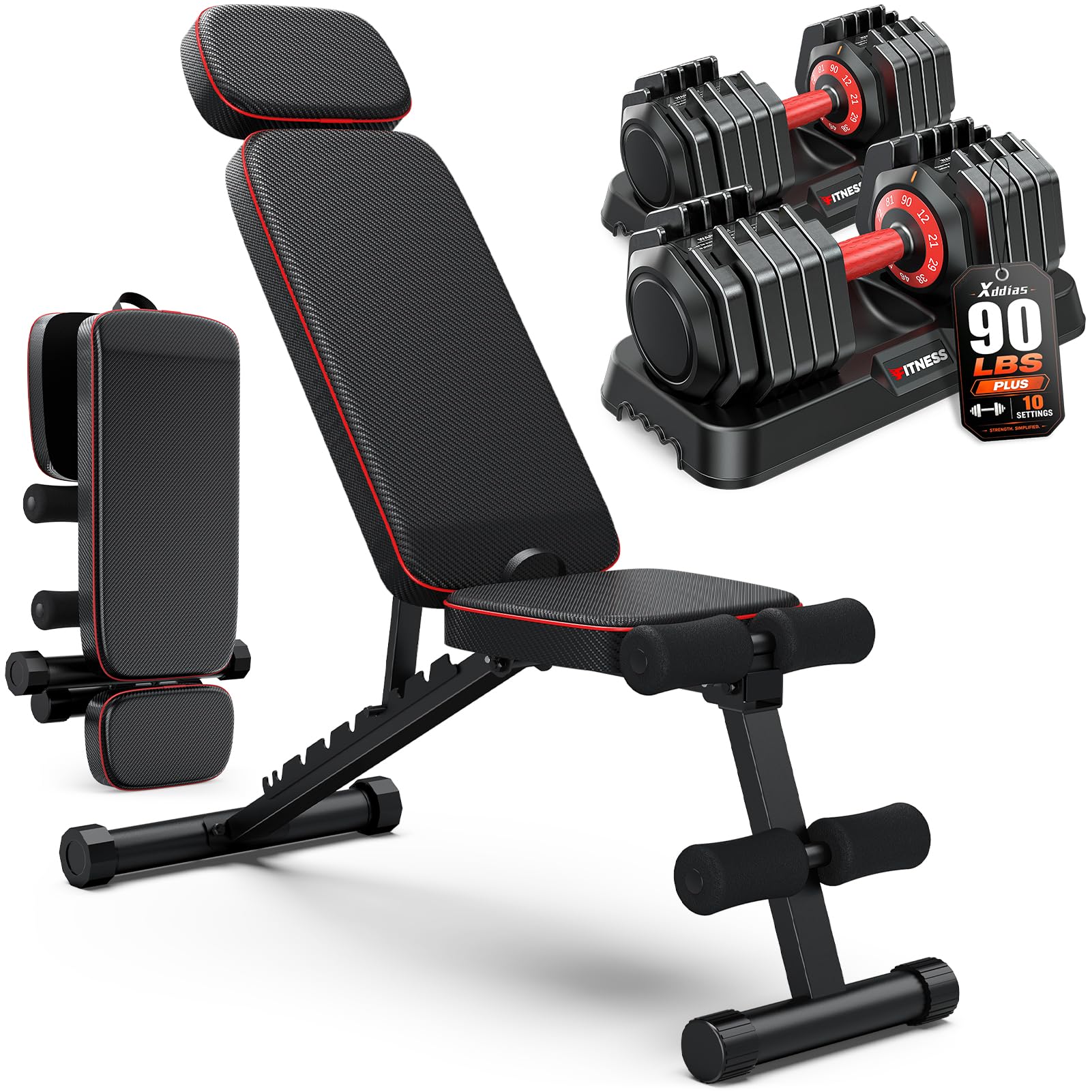 XDDIAS Adjustable Dumbbell Set with Foldable Weight Bench for Home Gym Use