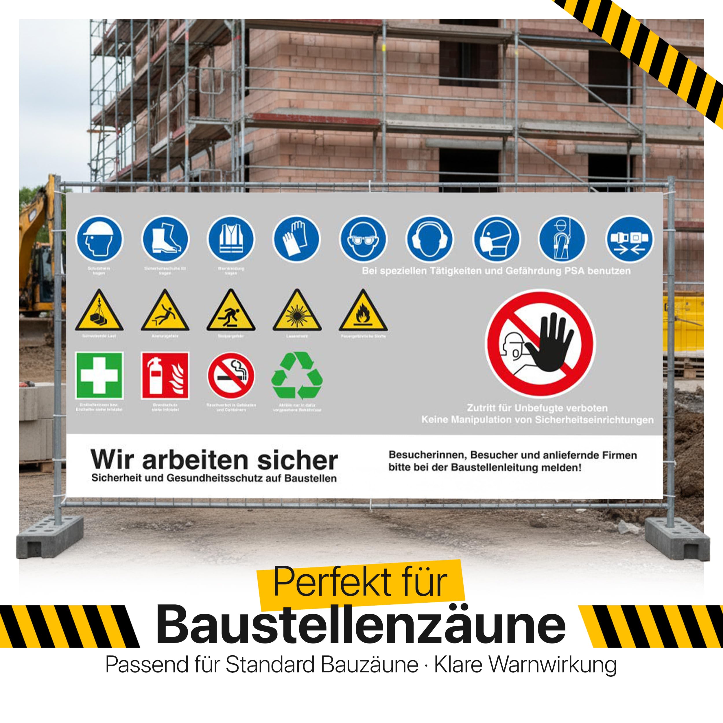 FBS Pancarta para obras de construcción, 340 x 173 cm, malla, pancarta de seguridad con respeto a la obra, apto para vallas de construcción