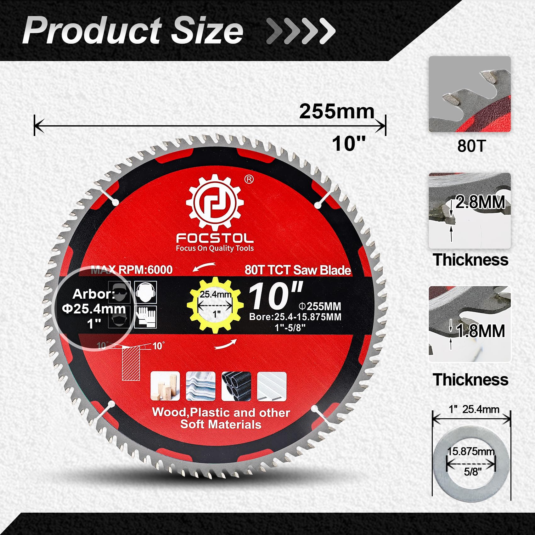 FOCSTOL Wood Cutting Circular Saw Blade 255mm, 80 Tooth TCT Cutting Blade for Cutting Wood Plywood, Particle Board - Image 2
