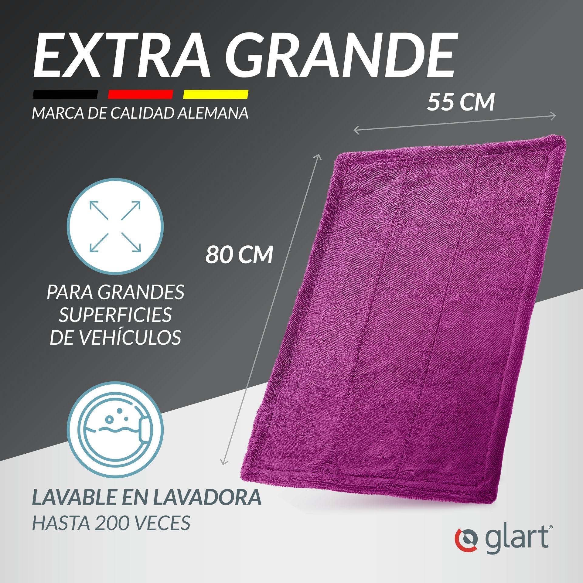 Glart 44TW8P Toalla de Secado de Microfibra XXL para Coche – 80x55 cm, absorción extrafuerte, sin Pelusa, para Pintura, Cristales y Llantas, paño Profesional Reutilizable para el Cuidado del vehículo