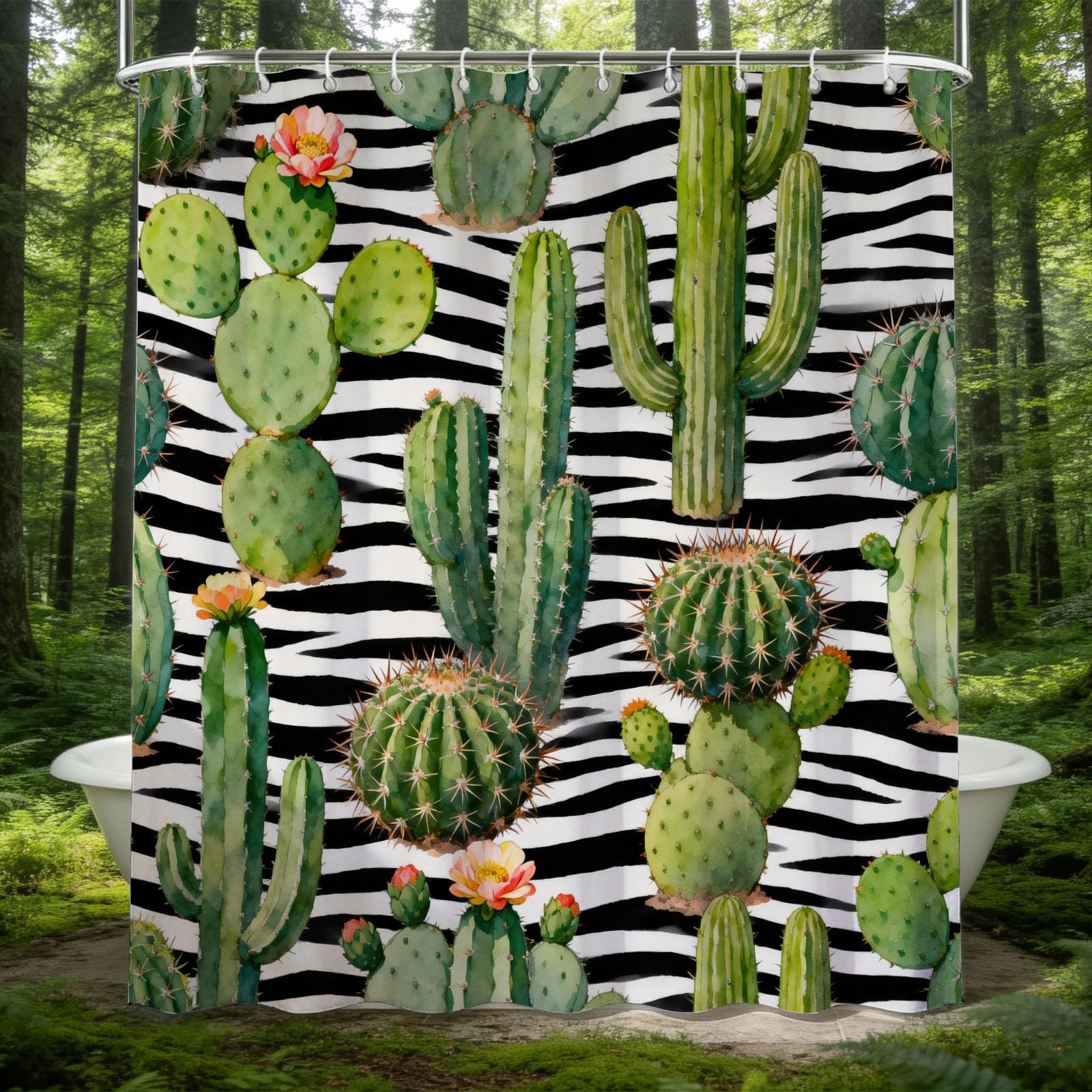 Hongduo 3D Watercolor Cactus Shower Curtain for Stalls Bathtubs Vacation Style Bathroom Decor Shower Curtain Set Polyester Fabric Waterproof 200x200cm/79X79 Inch with Hooks