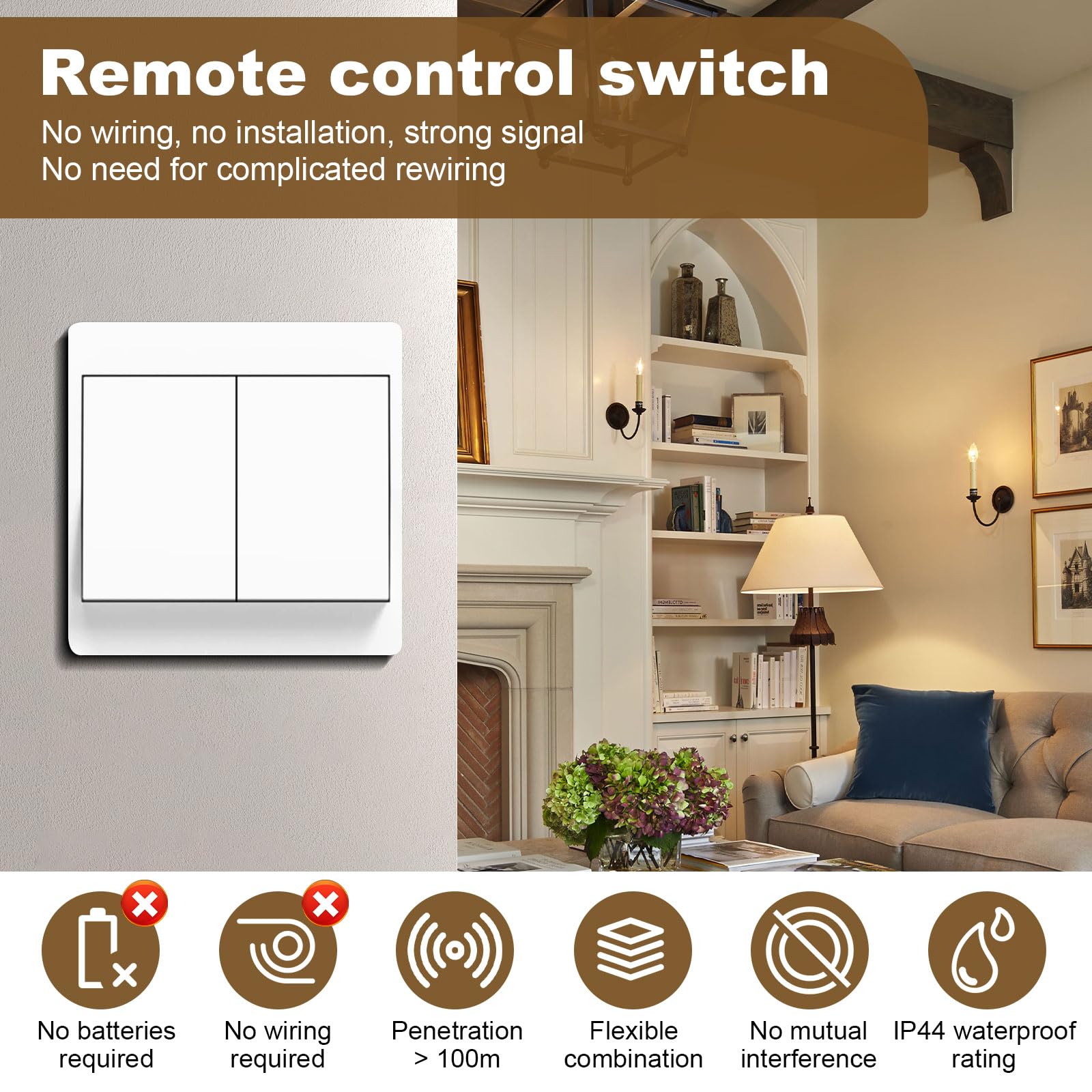 230V Funkschalter Set (Weiß, 2-Gang),Kabelloser Lichtschalter mit 2 Tasten + 2 Empfänger, batterieloser Sender, einfach montagefrei - perfekte Lichtsteuerung für Wohnzimmer, Schlafzimmer, Flur