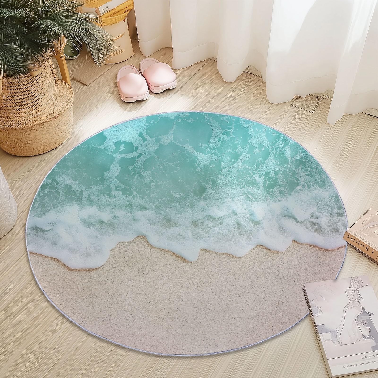 Weich Teppich Rund 120 cm Meer Wellen Strand, Waschbar rutschfest Wohnzimmerteppich Robuster Flauschiger Rund Teppiche Blau Bedruckt Teppich Für Küchen Esszimmer Schlafzimmer