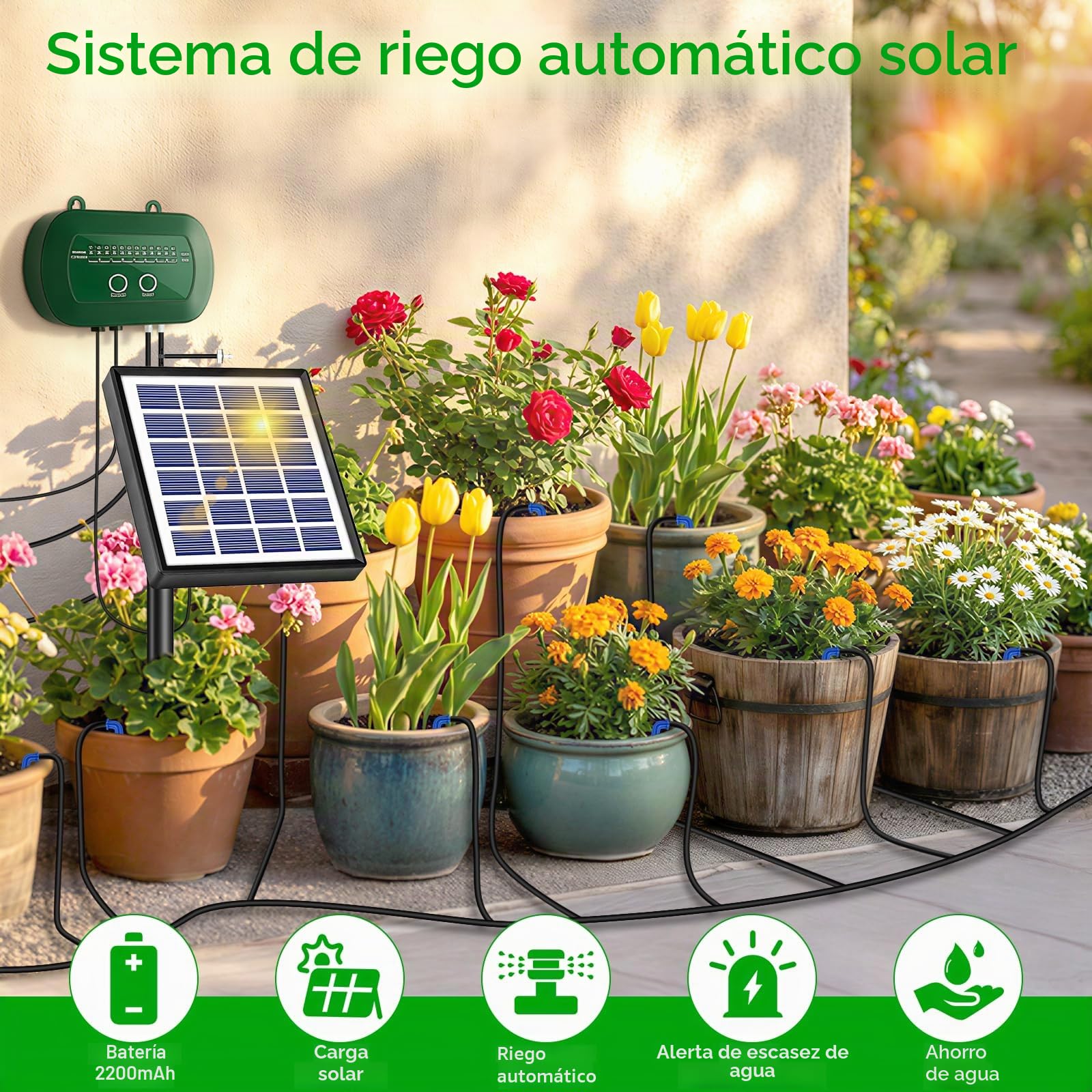 Onherm Riego Automático Solar, Sistemas de Riego Solar con 12 Modos de Temporizador y Tubo de 15 m, Riego por Goteo Solar para Jardín, Balcón y Plantas de Exterior en Maceta