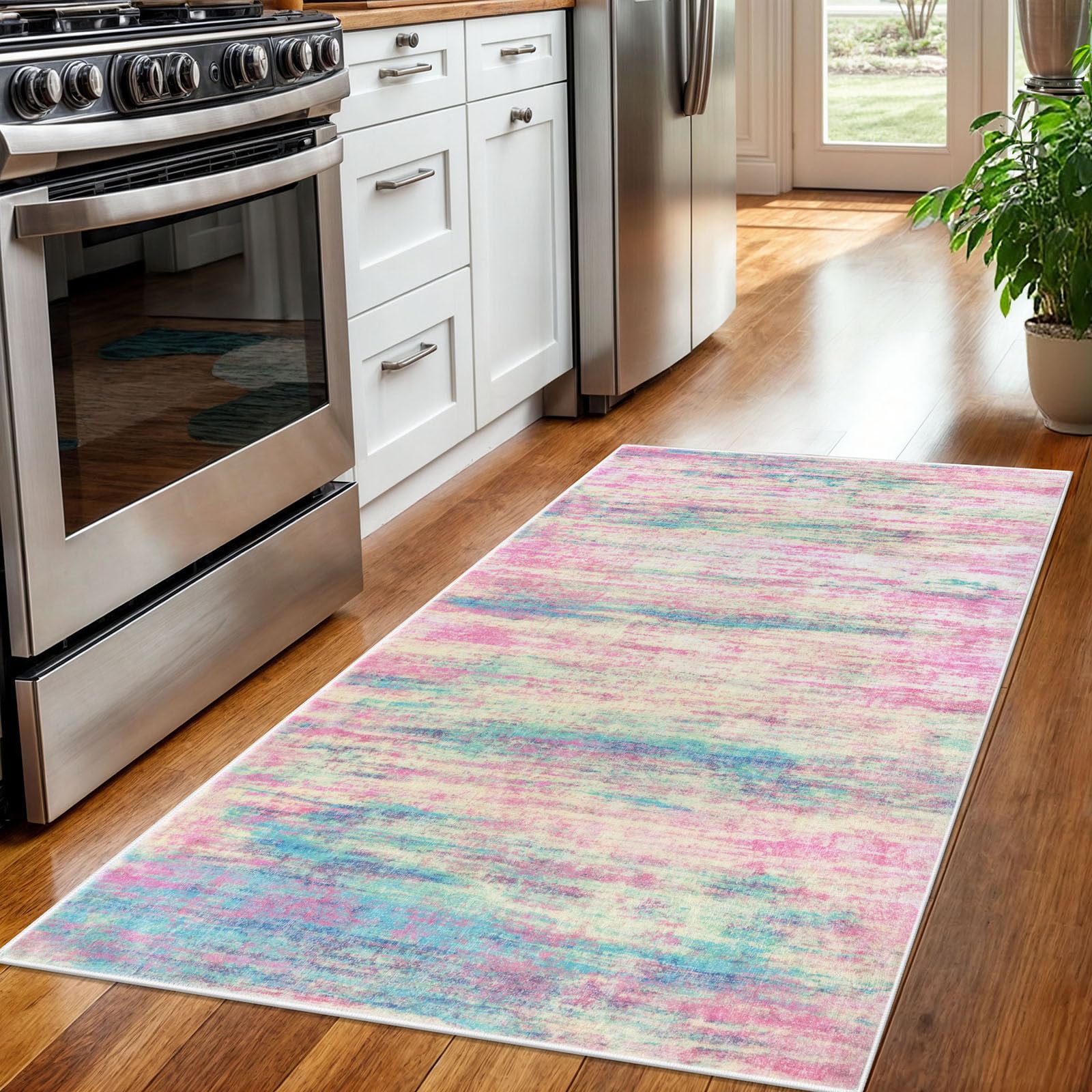 KOZYFLY Modern Abstract Pink 3x5 Area Rug Washable Girls Kids Bedroom Rug Throw Entry Mat Non-Slip Carpet Dining Room Rug with Soft Low Pile for Living Room Kitchen Bath Office