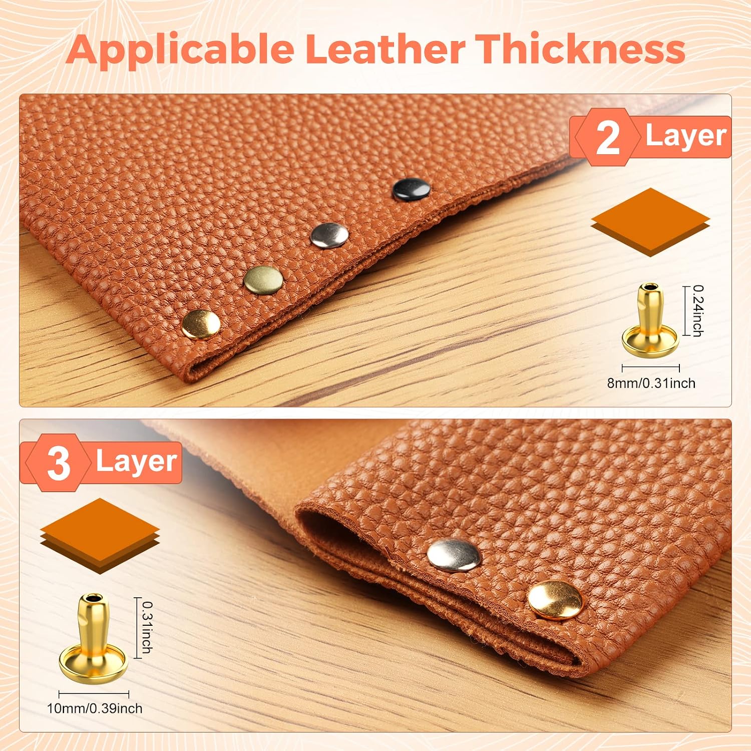 Alritz 240 Sets Leather Rivets, Double Cap Rivets Tubular 4 Colors 2 Big Sizes Metal Studs with Fixing Tools for DIY Leather Craft, Clothes Shoes, Bags, Belts Repair Decoration