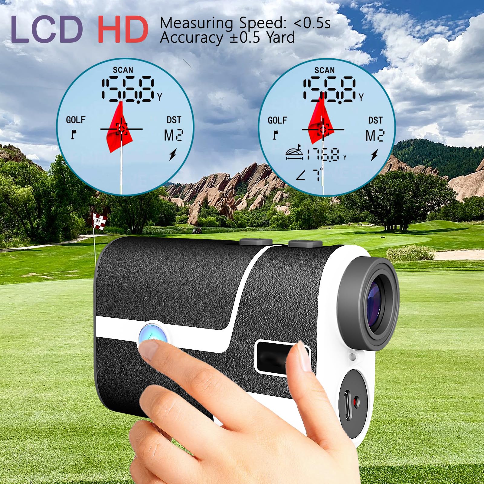 Telémetro de Golf Recargable con inclinación: Aumento de 7X, 3-1200 Yardas, vibración con Bloqueo de Bandera, escaneo de medición para golfistas con Estuche de Transporte.