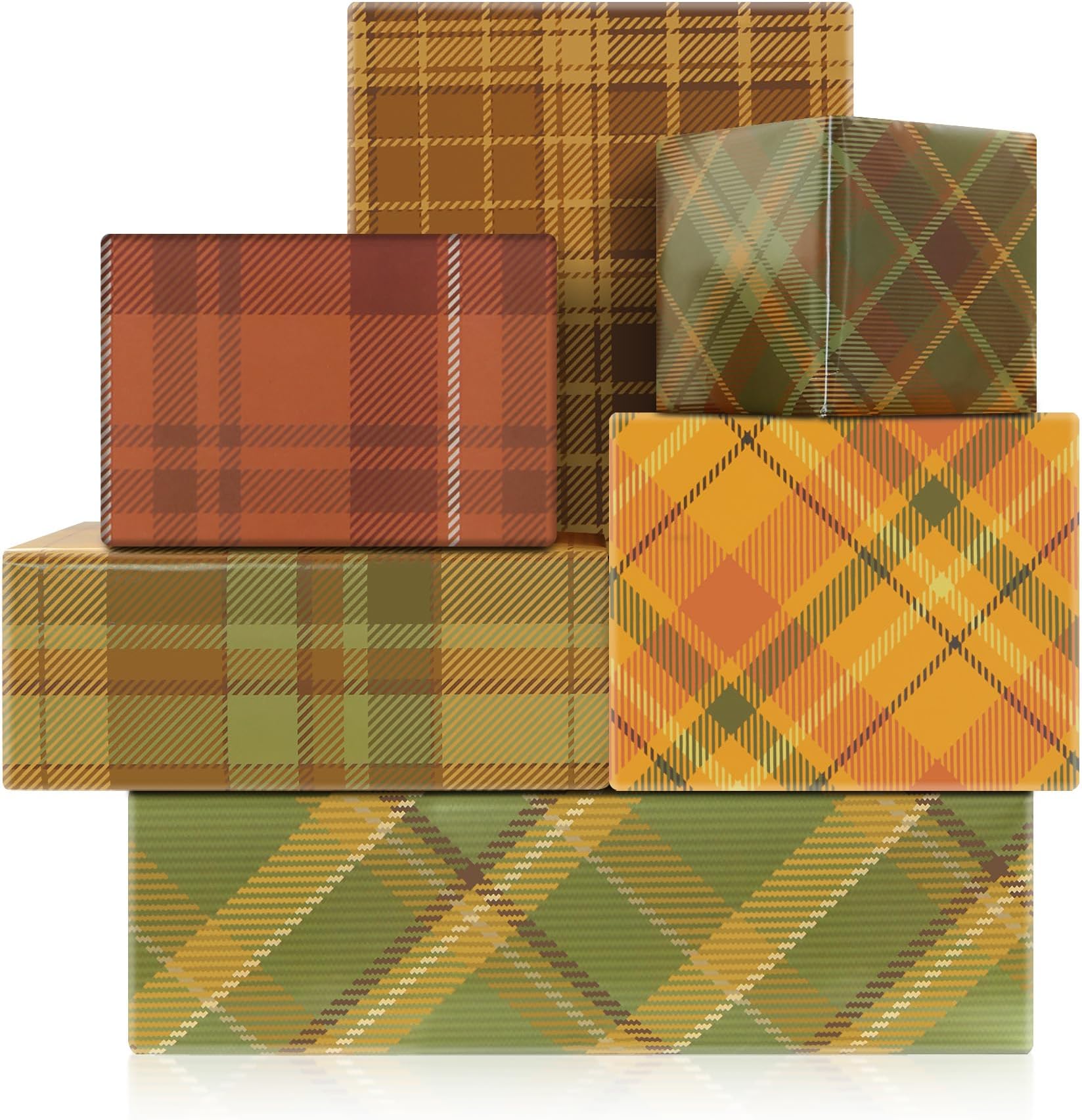 Boerni 6 Sheets Fall Wrapping Paper Yellow Green Buffalo Gingham Wrapping Paper Bulk Folded Flat Art DIY Craft Gift Wrap for Christmas Party Autumn Holiday Birthday 20 x 27Inch