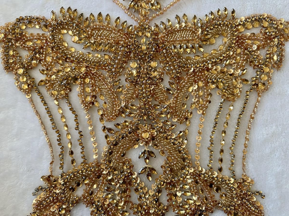 Handmade Crystal on lace Applique Sewing Rhinestones Fringe Beads Sequins Patches Trim Luxury Decoration Accessories for Wedding Dress 15X23.6inches (Champagne)
