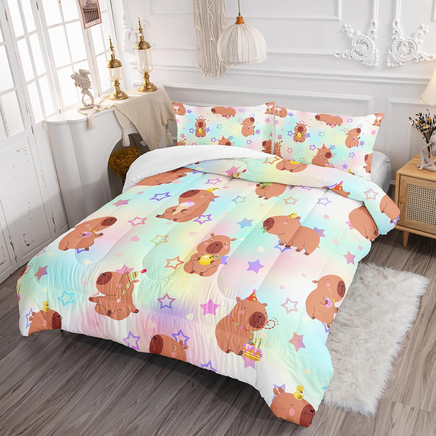 AILONEN Kawaii Capybara Comforter Set Full Size,Cute Cartoon Capybara Rainbow Bedding Set for Girls Kids,Lovely Animal Star Quilt & 2 Pillowcases-3 Pieces