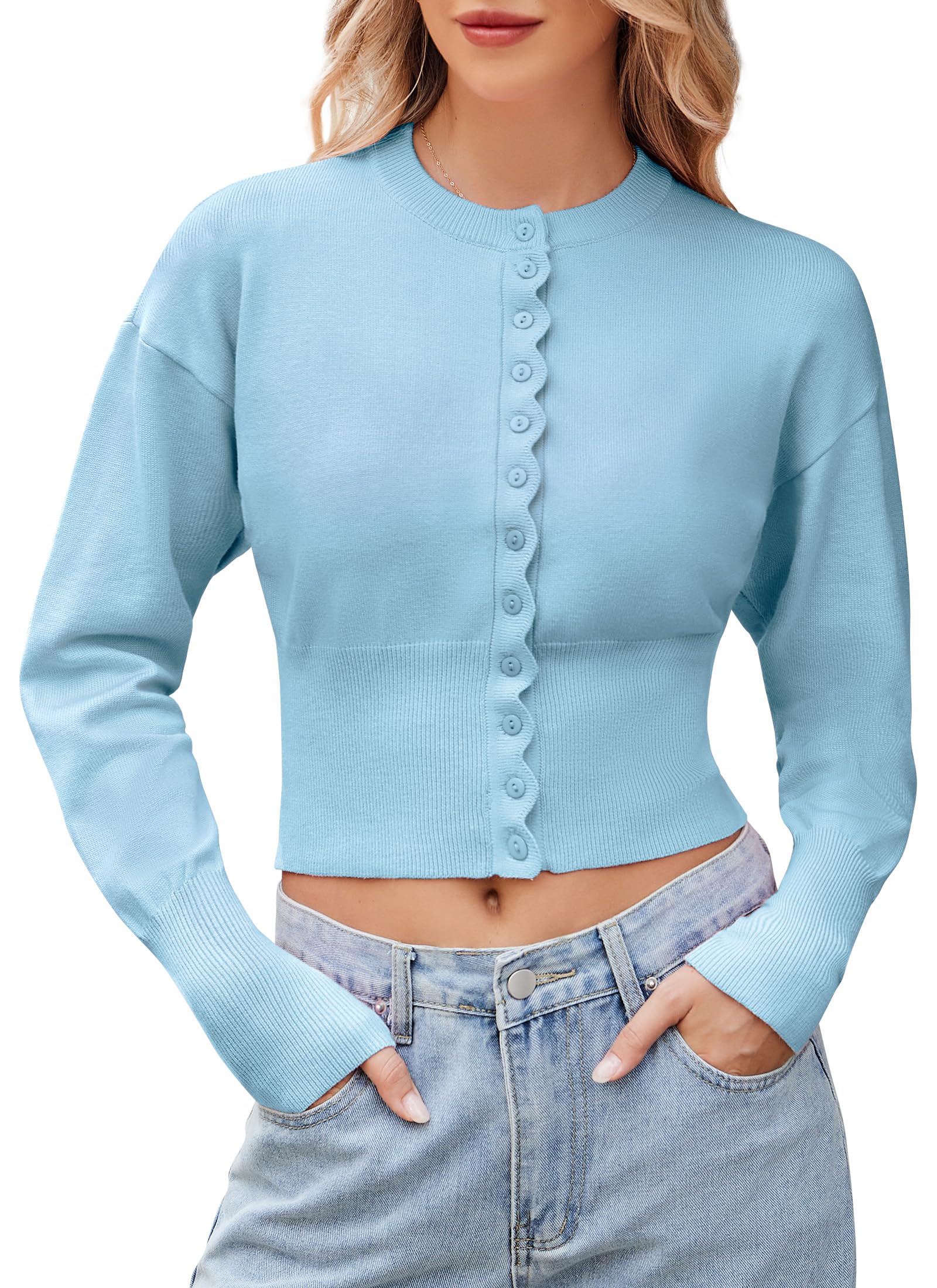 Womens Cropped Cardigan Sweaters Button up Fitted Long Sleeve Crew Neck Ribbed Knit Crop Top