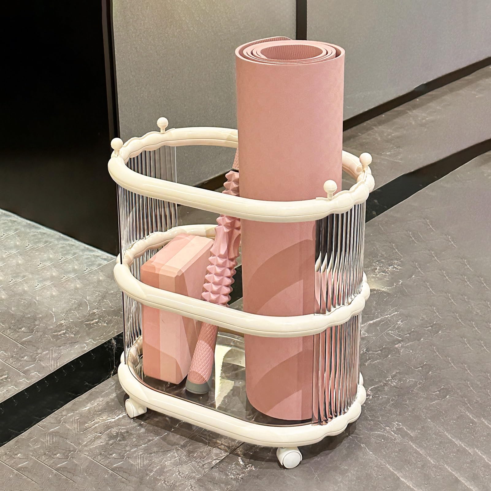 Contenedor de almacenamiento para esterilla de yoga, cesta de plástico móvil para rodillo de espuma, correa de yoga y bloque, solución de almacenamiento de esquina de gimnasio en casa