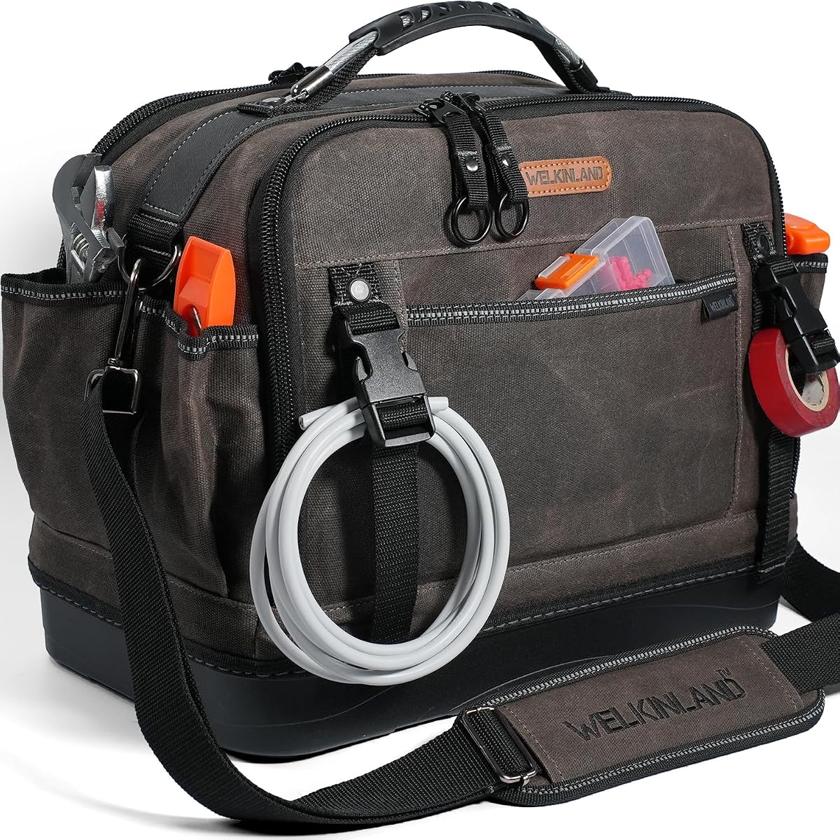 WELKINLAND 53Pockets Hard-Bottom HVAC Bag, Dual-Open Electrician Tool Bags | Canvas Tool Bag Heavy Duty,16" Tool Bag Hvac,Steel-Framed Electrical Tools Bag,Mechanic Tool Bags,Tools Bag Shoulder Strap