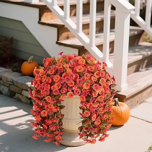 Miniatura 29 de Artificial Flowers with Hanging Basket, Outdoor Faux Plants Silk Morning Glory Vines, Fake Green Arrangement for Garden Patio Spring Summer