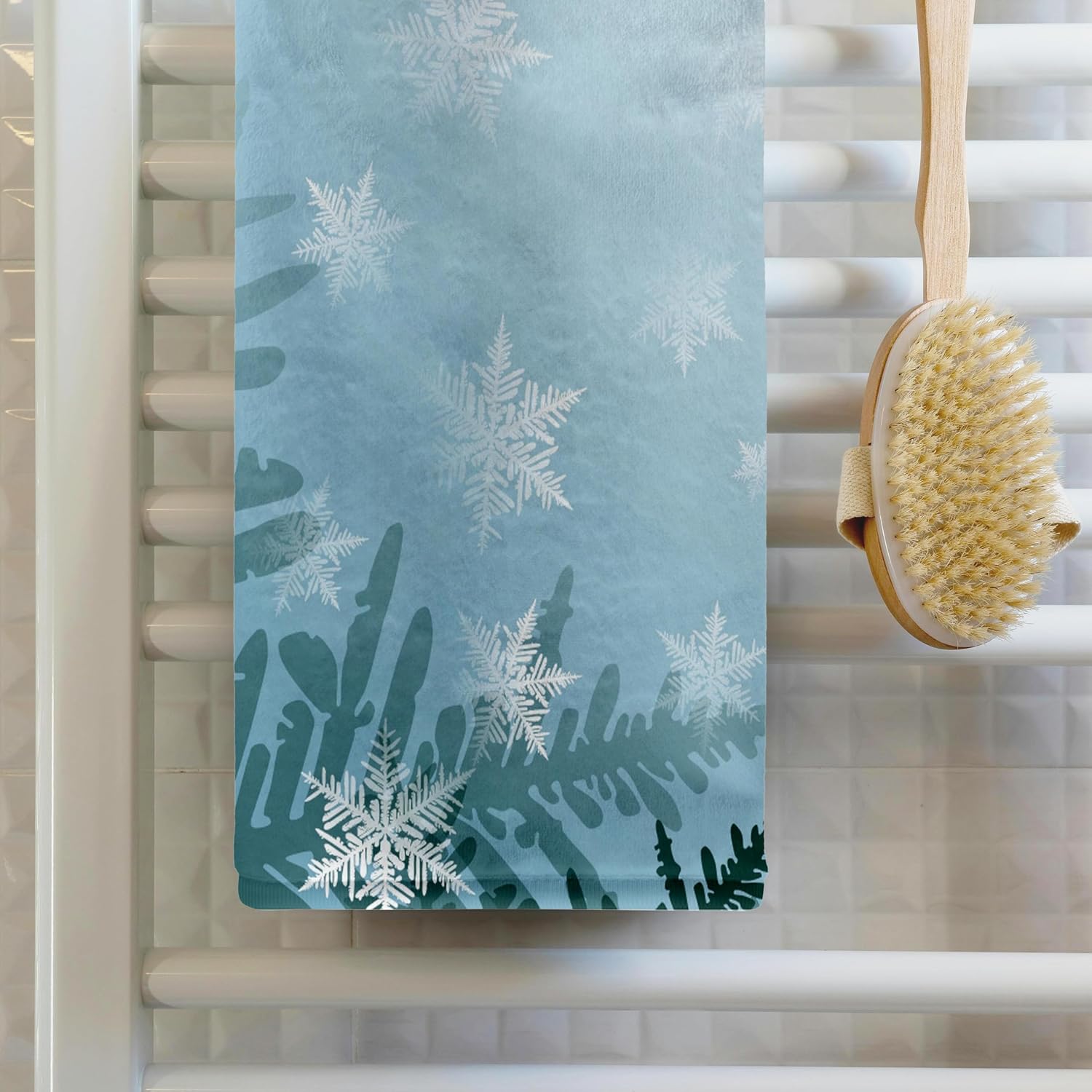 3D Rose TWL_219430_1 Soft White Snowflakes on Blue Green Tonal Background Towel, 15" x 22"