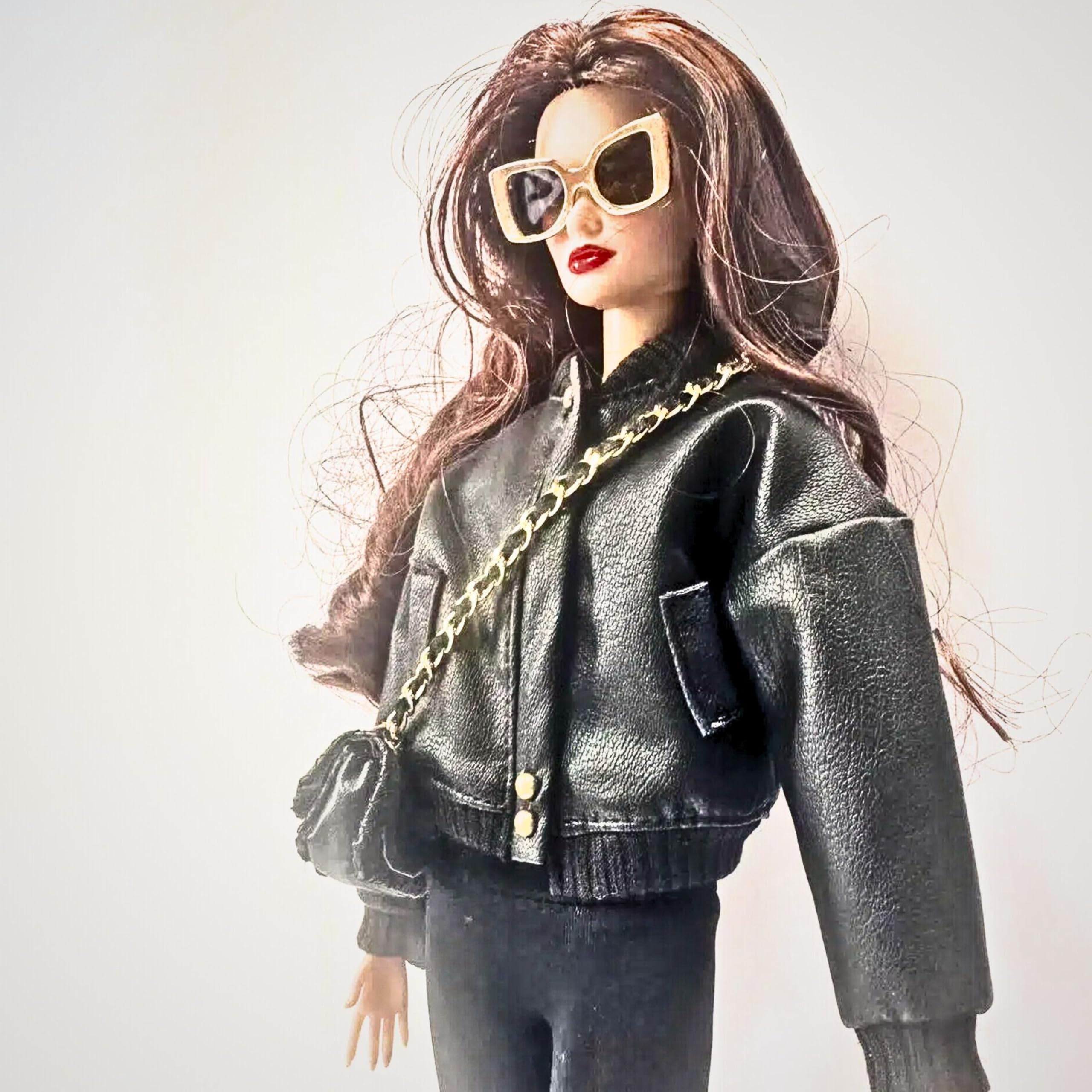 Black Fashion Doll Outfit Set, Bomberjacke mit Kampfstiefeln und Kettentasche für 11,5-12 Zoll Puppen, 1/6 BJD Actionfiguren