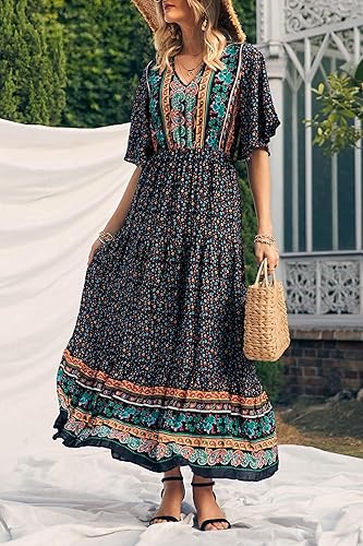Miniatura 7 de PRETTYGARDEN - Vestido bohemio casual de verano para mujer, con estampado floral, cuello en V, manga corta, cintura alta, largo hasta el piso