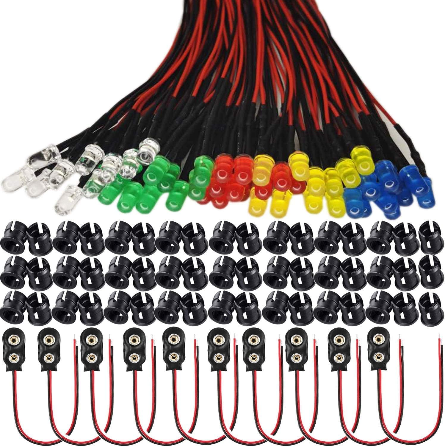 50pcs 5mm prewired led，LED Diodes Light 12V 20cm Pre Wired led（Ultra Bright)+ 50Pcs 5mm Plastic LED Holder + 9V Battery Holder Clip Cable for model railway