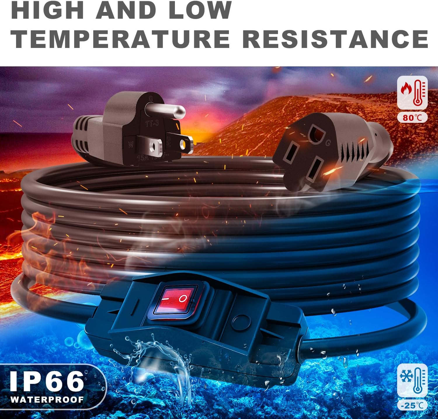 Delgada 15Ft Waterproof Extension Cord with Outdoor Power Switch - 125V 15A 1875W 14AWG UL Listed for Holiday Lights, Pumps, Lamps