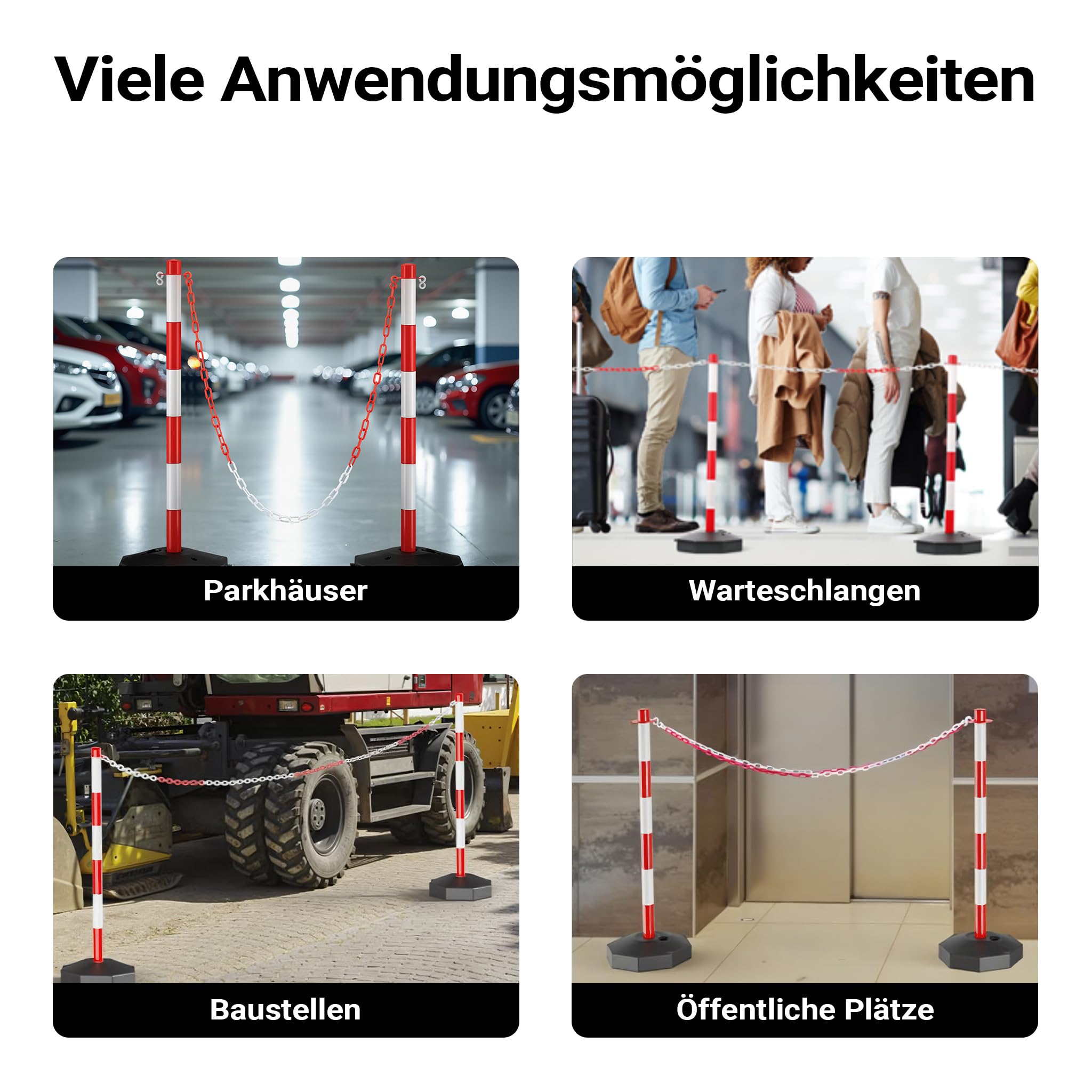 Wiltec mobile Parkplatz Absperrung 80 x 28 x 28 cm, Sperrpfosten mit 1,4 m langer Kette, rot-weiße Absperrpfosten, Poller für Parkplatz sperren