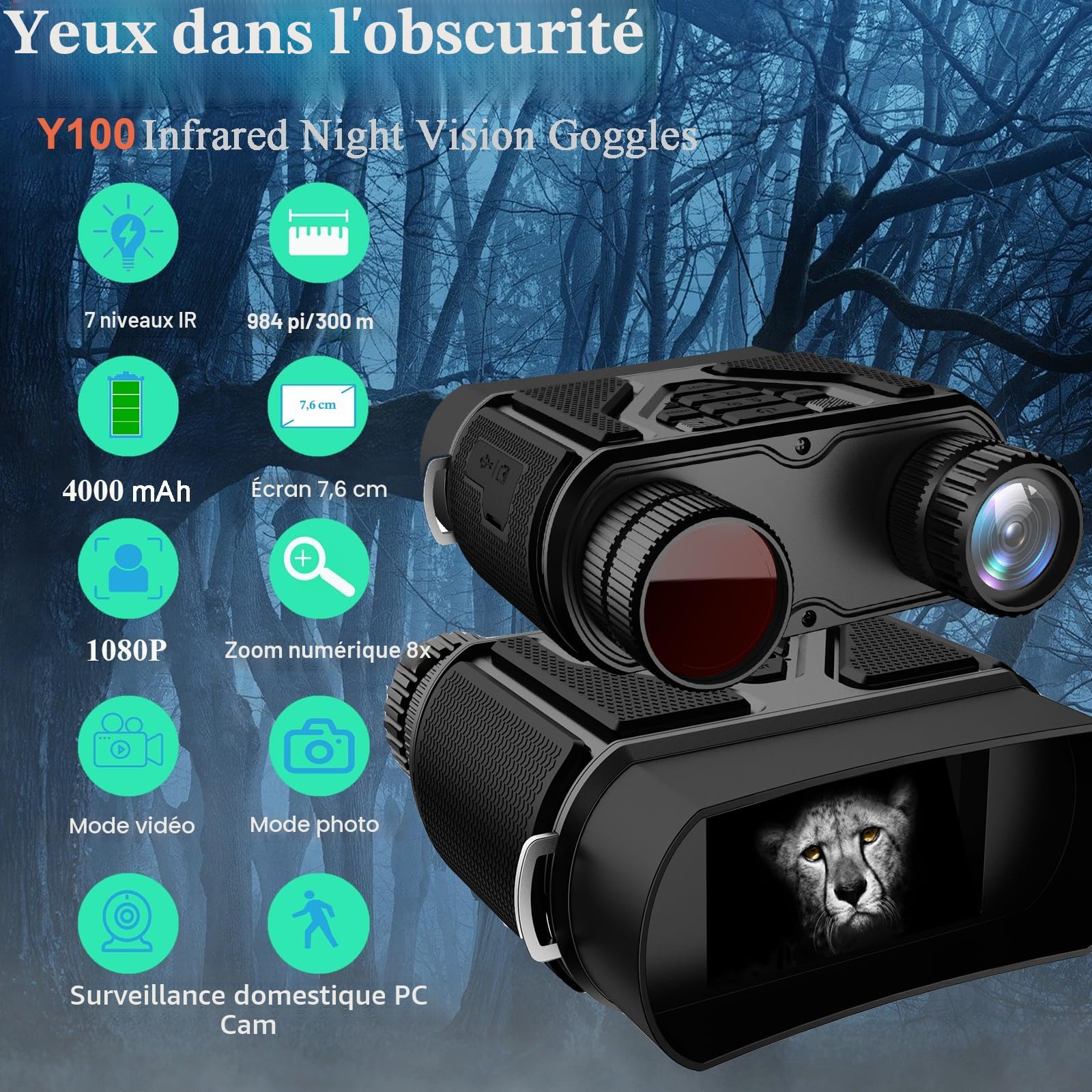 Jumelles Vision Nocturne Carte Mémoire 32GB Incluse, Portée 300m par Vision Infrarouge, Zoom Numérique 8X et Batterie Rechargeable 4000mAh – Idéales pour la Chasse, le Camping et l'Exploration