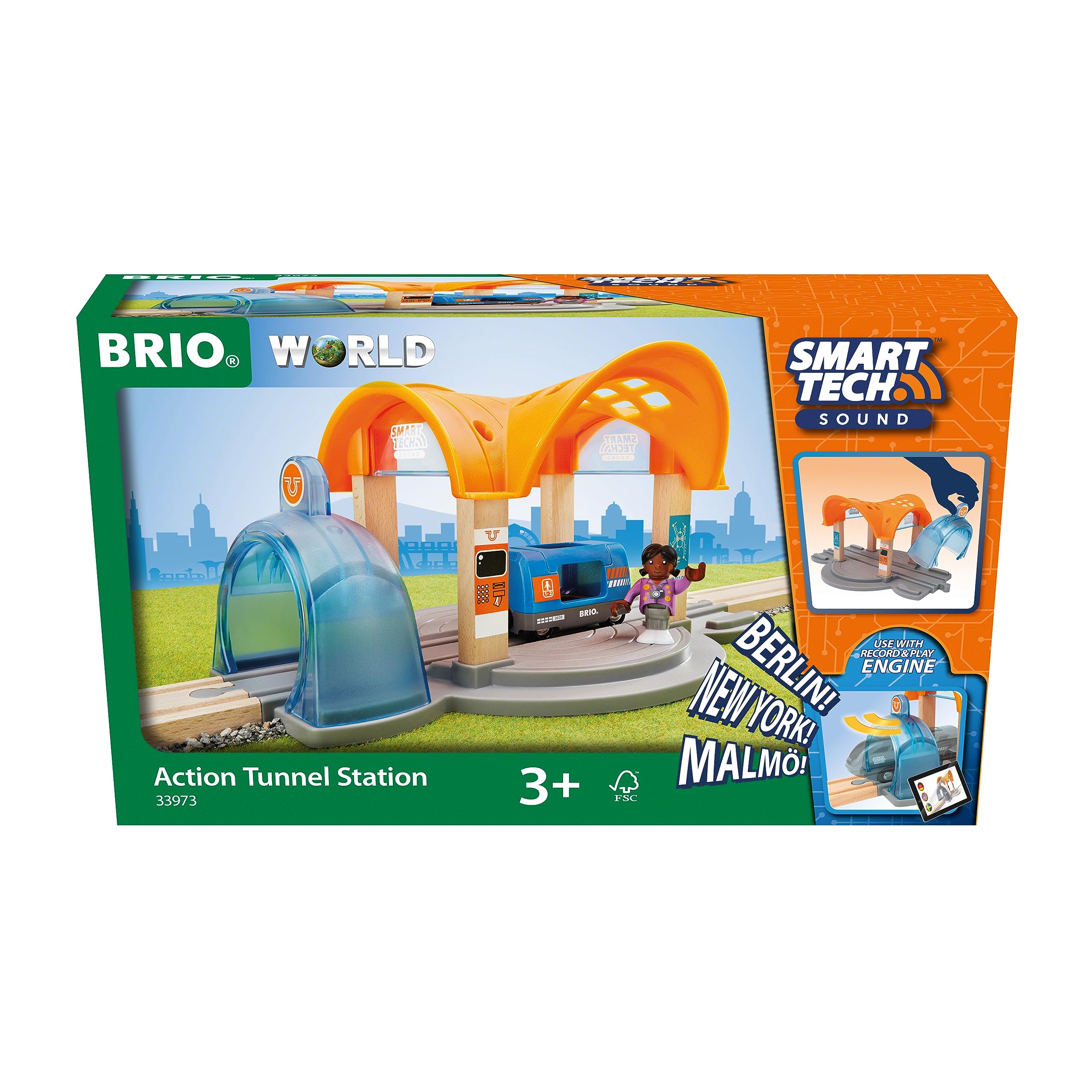 BRIO World 33973 Smart Tech Sound Bahnhof mit Action Tunnel – Zubehör Holzeisenbahn – Interaktives Spielzeug empfohlen ab 3 Jahren