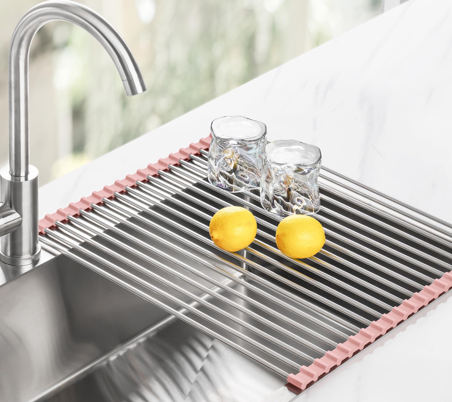 Tomorotec Égouttoir à vaisselle enroulable pour évier de cuisine - 53,3 x 39,4 cm - Accessoire multifonction pliable en acier inoxydable