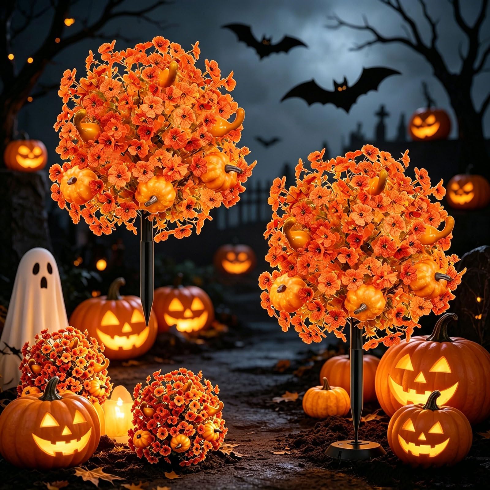 Dekoracja na Halloween, 2 sztuki, sztuczne kwiaty na zewnątrz, sztuczne rośliny do ogrodu, dynie i gałki oczne, do trawników, nawiedzonych domów, dekoracje świąteczne