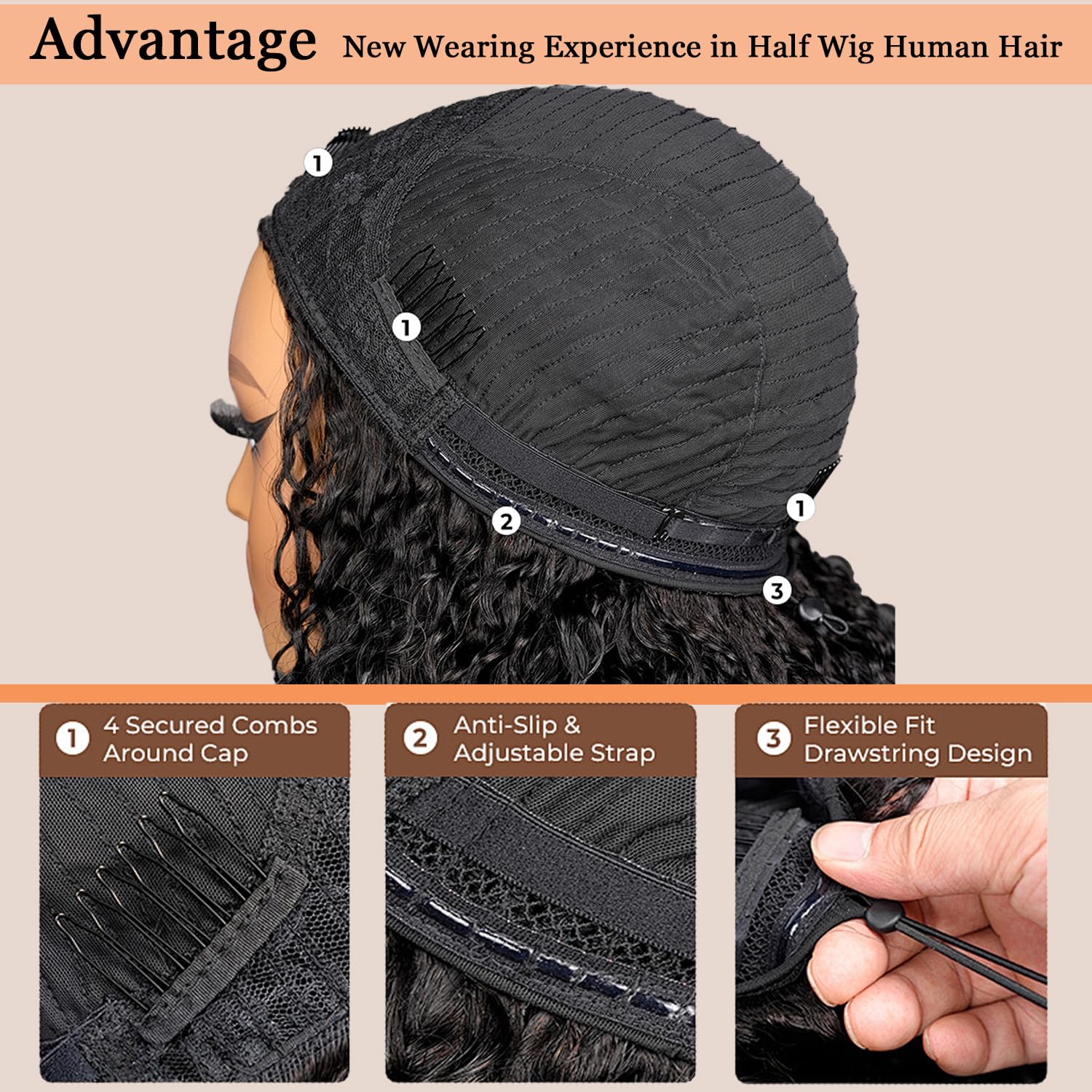 MISSJAY Kinky Curly Half Wig Human Hair, Wear and Go Glueless Flip Over Wig, 200% Density Seamless 3-in-1 Half Wig with Drawstring, Beginner Friendly Headband Wig for Black Women 20 Inch