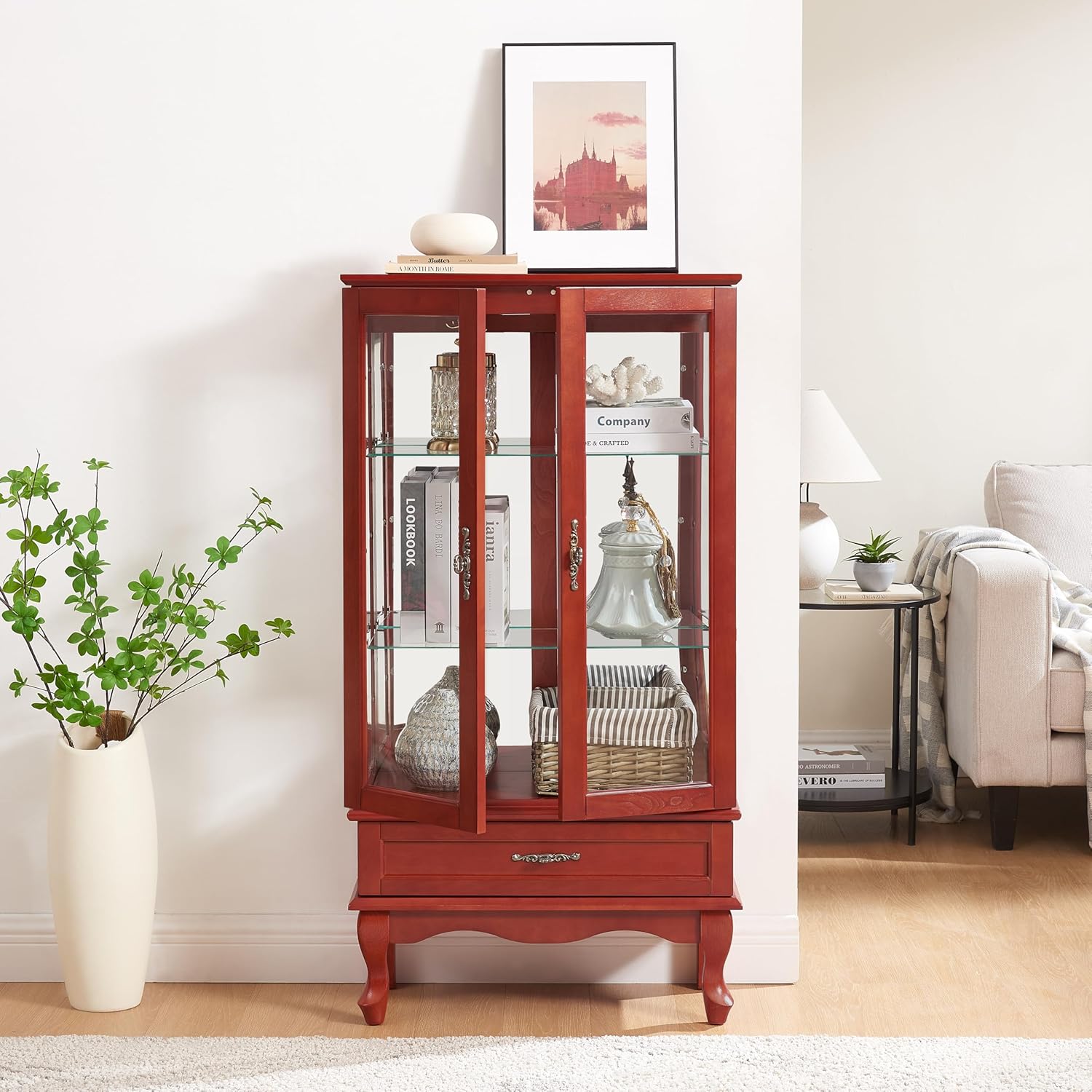 Lighted Curio Display Cabinet, Cherry, Glass Doors with Adjustable Shelves, 1 Drawer, 26 x 11.81 x 49.4 Inch, Bulb Included