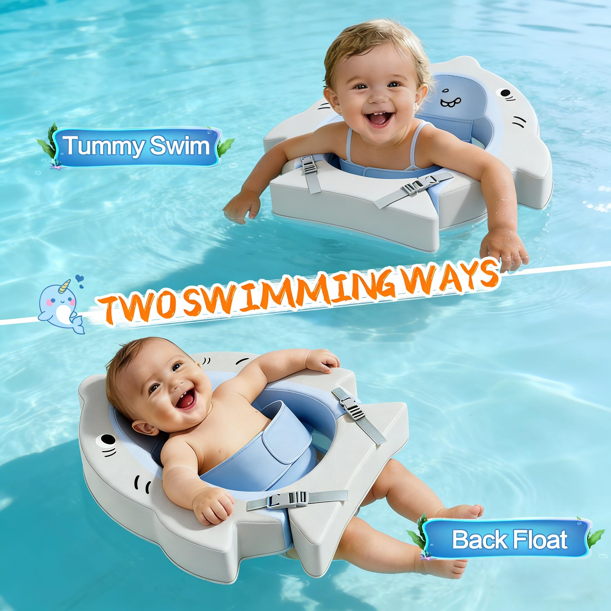 Nicht aufblasbarer Baby-Pool-Schwimmer mit bequemer Liegeunterstützung, wasserdicht, hautfreundlicher Schwimmtrainer, solide, für 6–36 Monate Säuglinge, Außen- und Innenpool, Badewanne