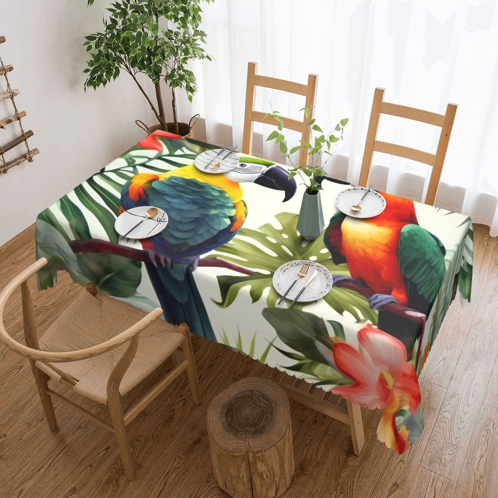 Toucans Parrot palm tree leaves Tablecloths for Rectangle Tables 54 x 72 Inch - Reusable Washable Dining Table Clothes - Stain and Wrinkle Resistant Decorative Fabric Table Cover for Wedding Party