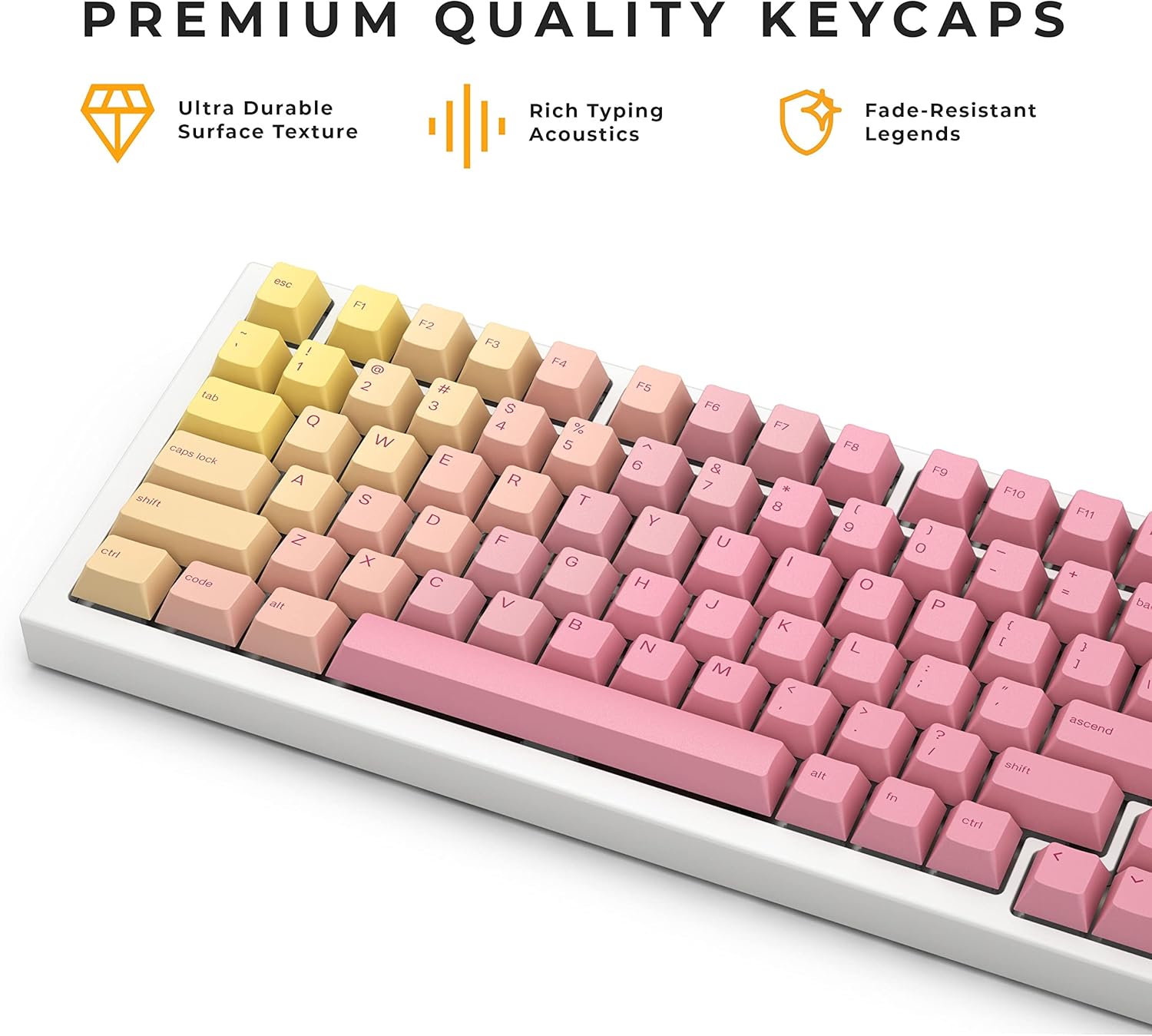 Close-up of the Grapefruit keycaps on a keyboard, highlighting their durable surface texture and fade-resistant legends.