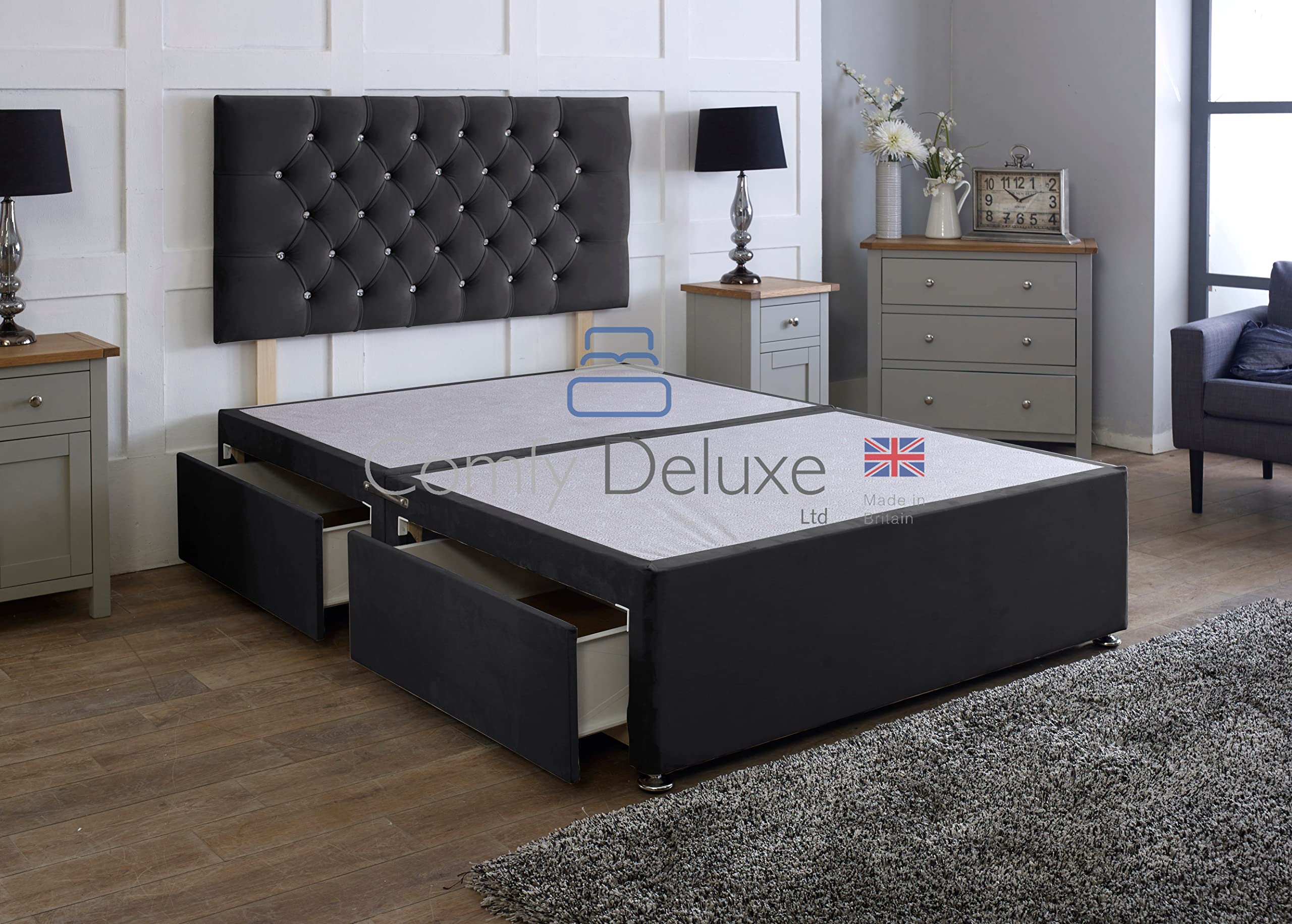Comfy Deluxe LTD Chesterfield Divan Bed Set - 3FT Single, Black | Plush Velvet Bed Frame with 26 Inch Headboard | No Mattress Included | 2 Same Side Storage Drawers | UK Made