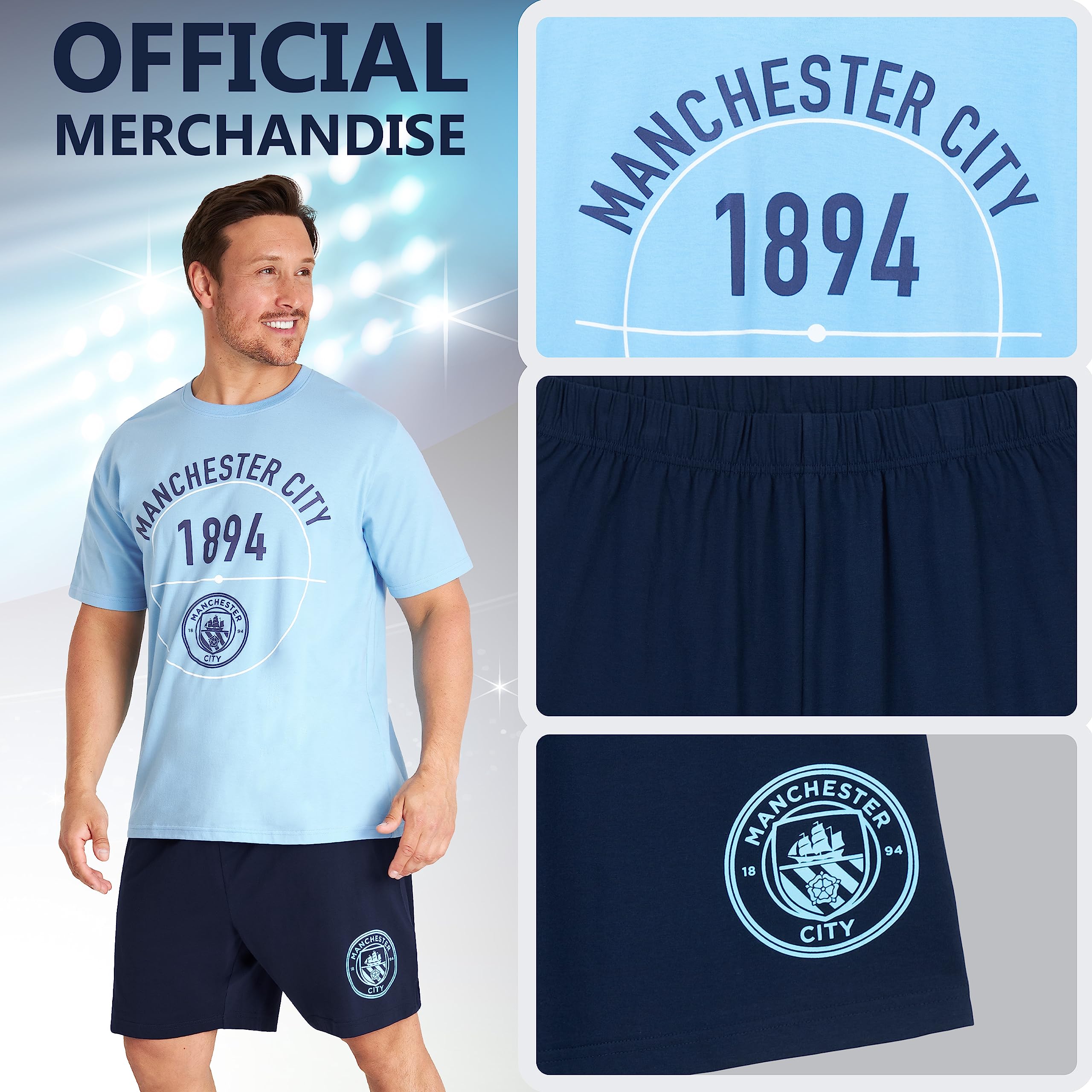 Manchester City F.C. Mens Pyjamas Set Short Pjs Nightwear Summer Lounge Set Sleepwear Jammies Football Gifts for Men