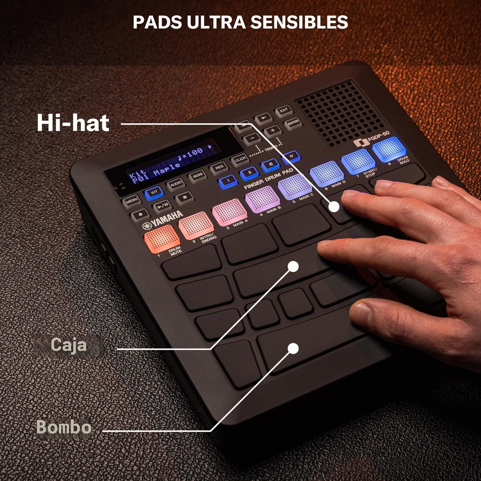 YAMAHA FGDP-50 Finger Drum Pad – Pad de Batería Electrónico Avanzado, Pads Ultra Sensibles, 48 Kits Preestablecidos, 1.500 Sonidos, Altavoz Incorporado, USB MIDI/Audio, Batería Recargable, Entrada AUX