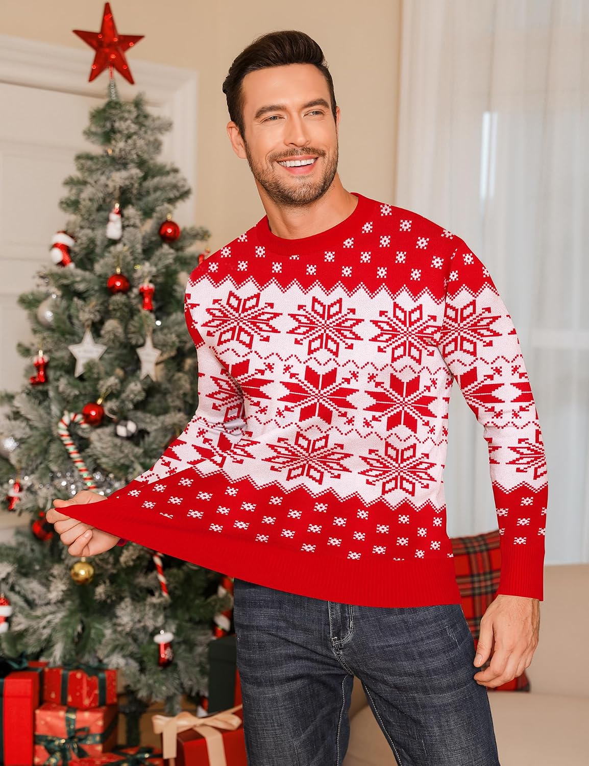 LecGee Couple Matching Christmas Sweaters Snowflake Reindeer Crewneck Knitted Top Long Sleeve Ugly Xmas Pullover for Party