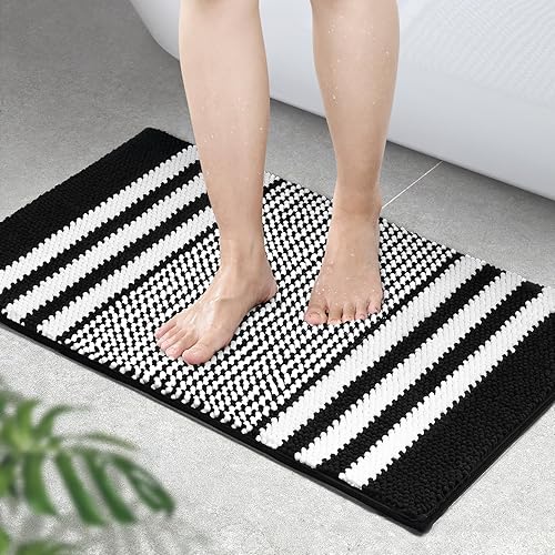 OTraki Alfombra de baño de felpilla de 24 x 17 pulgadas de grosor, suave, absorbente, antideslizante, para suelo de ducha, color blanco y negro,