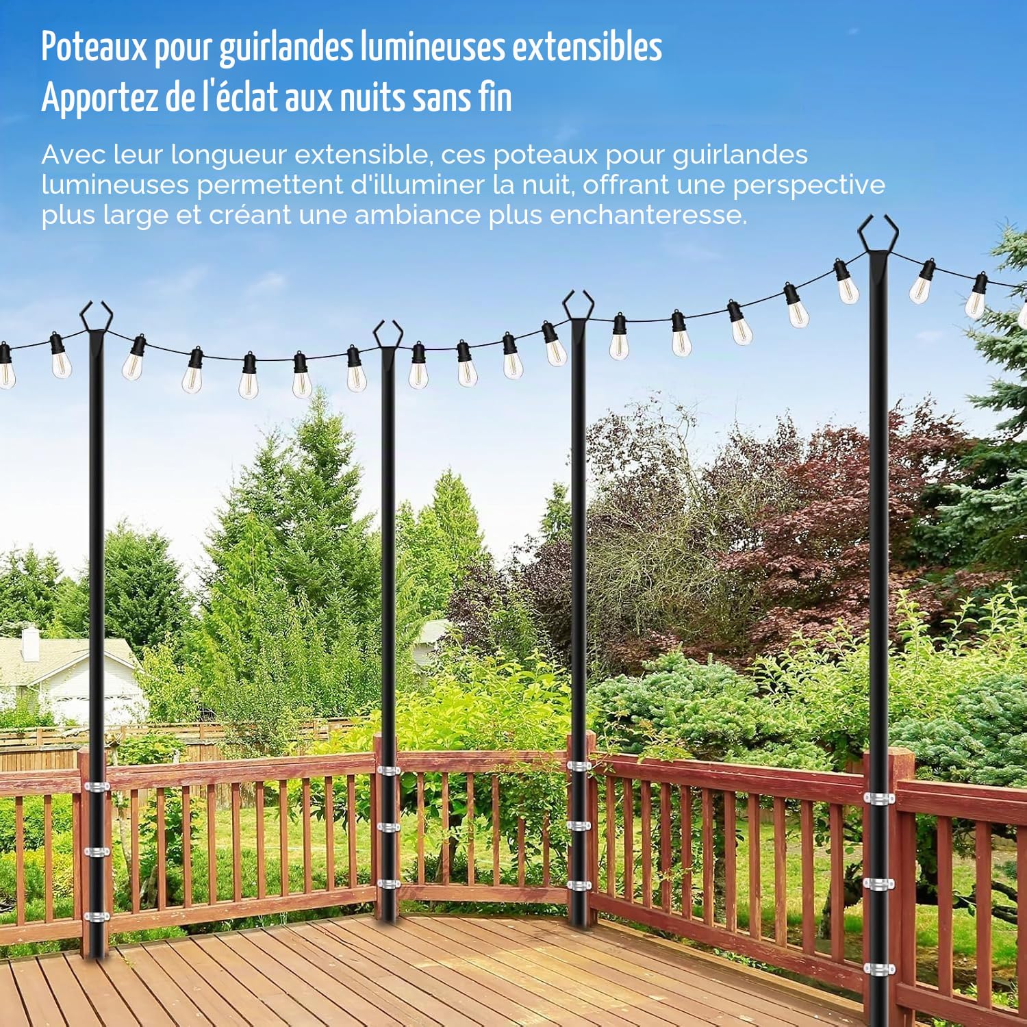 Lot de 4 barres lumineuses en métal de 2,99 m avec fourche, pour extérieur, poteaux, poteaux, stands pour extérieur, patio, terrasse, jardin, mariage, fête (4 pièces)