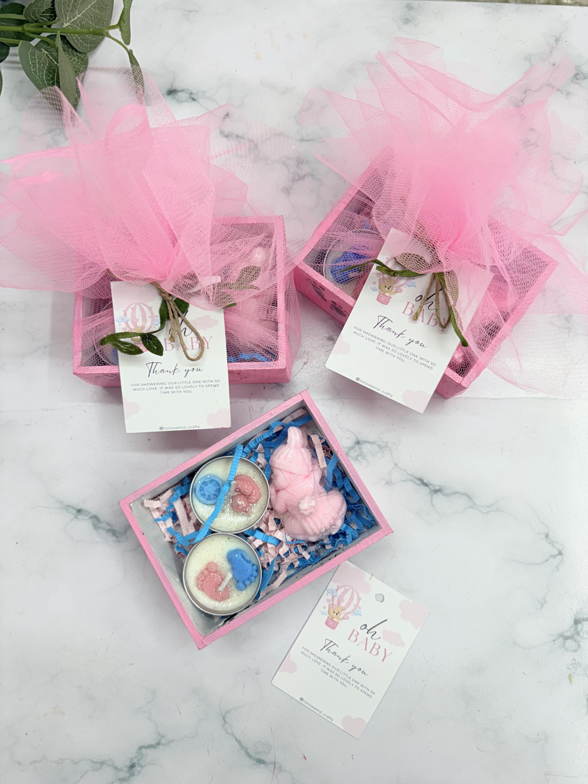 Yellow Petal Baby Shower & Birthday Return Gift Mini MDF Tray Soap and Candle Combo, Net & Card Packing, Pink Colour, 100% Soy Scented Candles and Handmade Soap (3 Sets)